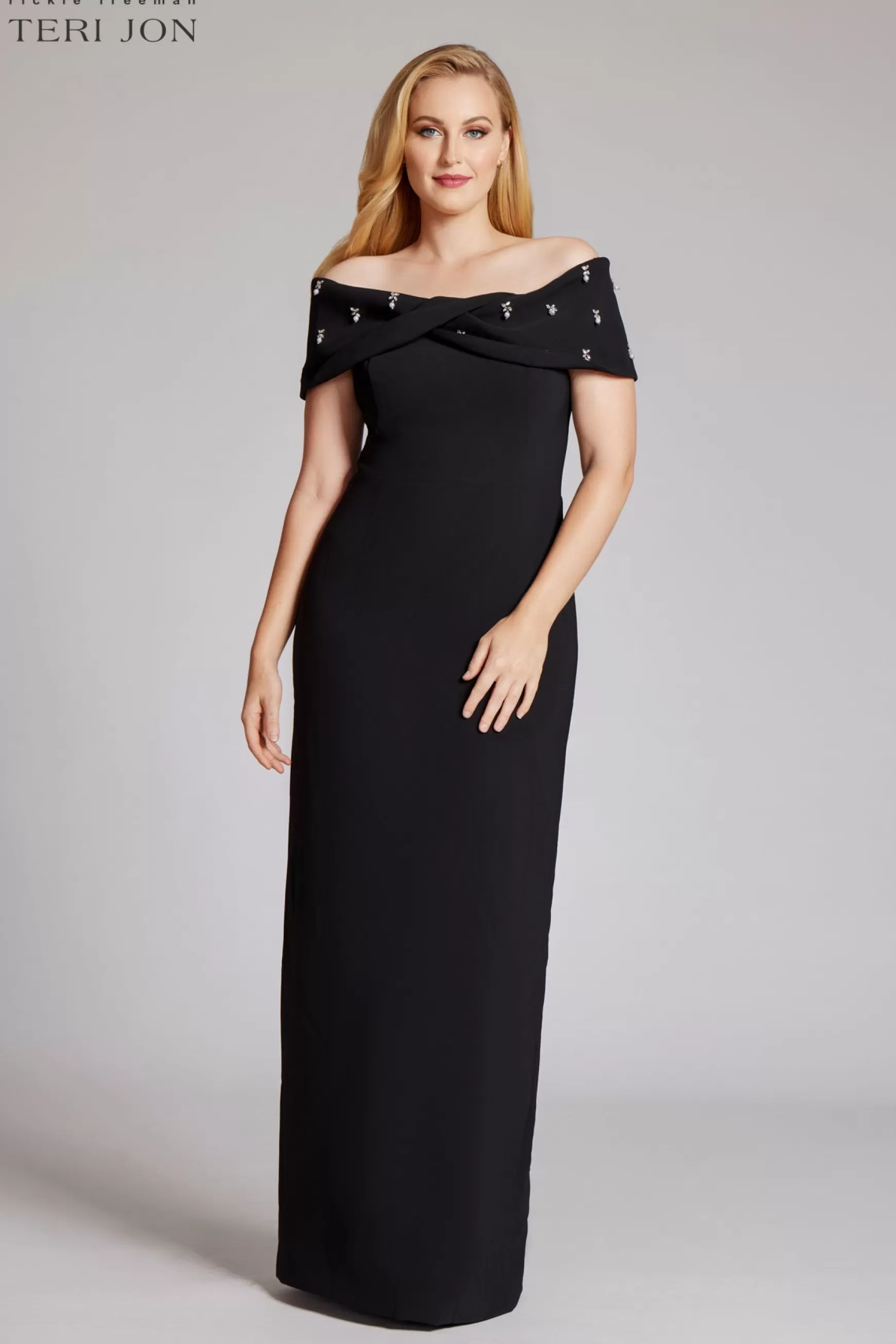 Plus Size Dresses | Guest of Wedding*Teri Jon Crepe Off Shoulder Jewel Trim Portrait Column Gown black | seafoam | blush