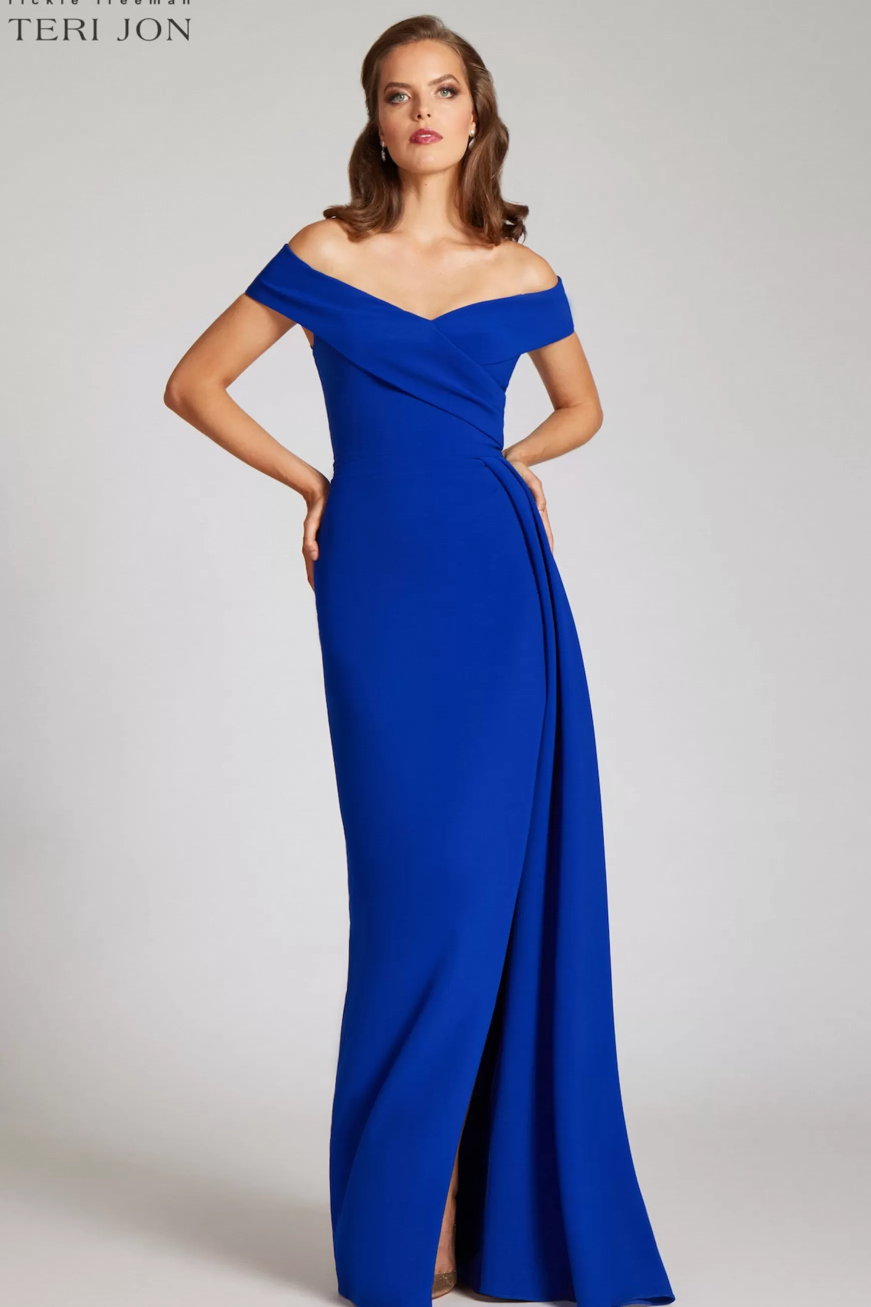 Evening & Formal Gowns*Teri Jon Crepe Off Shoulder Portrait Side Drape Gown royal-blue | black