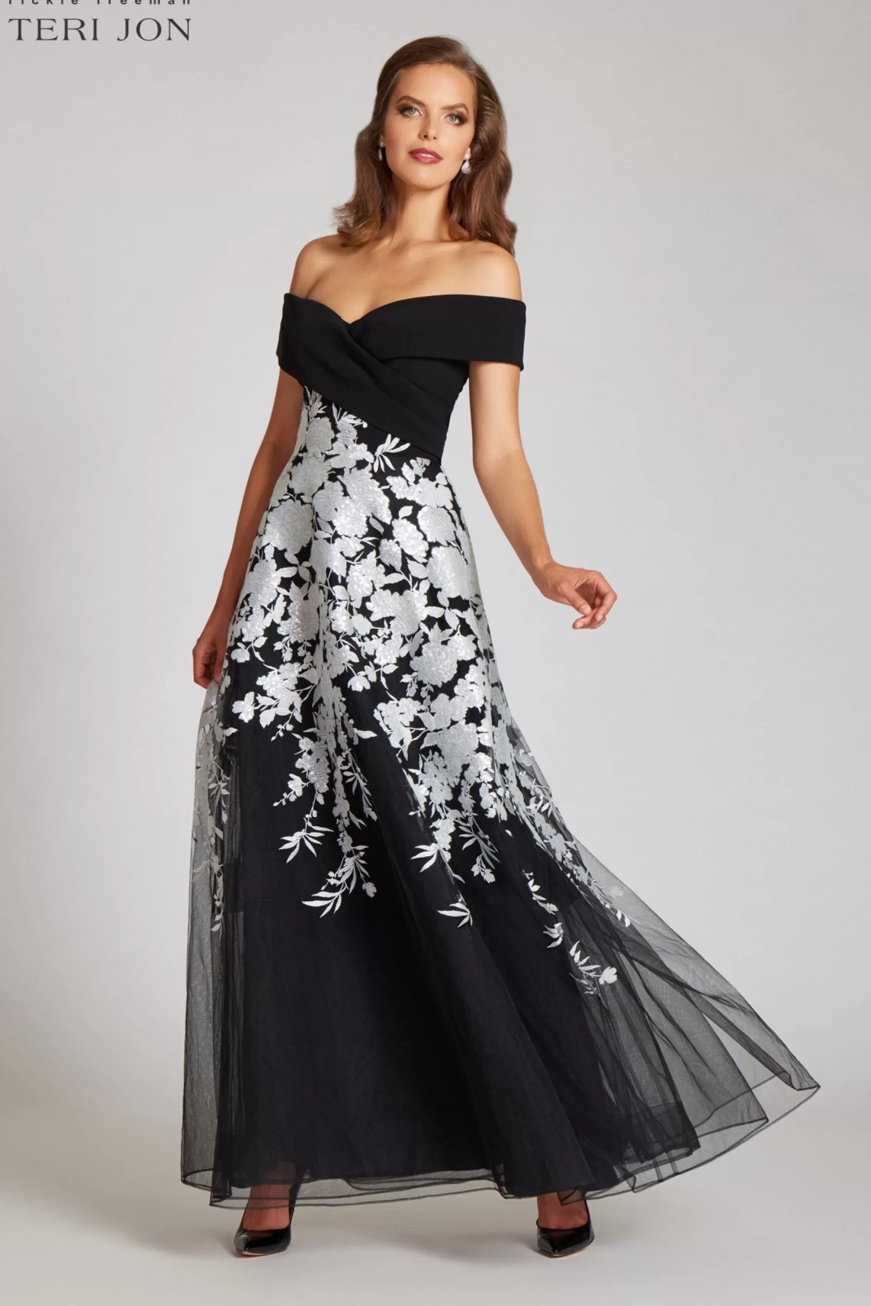 Evening & Formal Gowns*Teri Jon Crepe Off The Shoulder Floral Embroidered Gown Black Silver