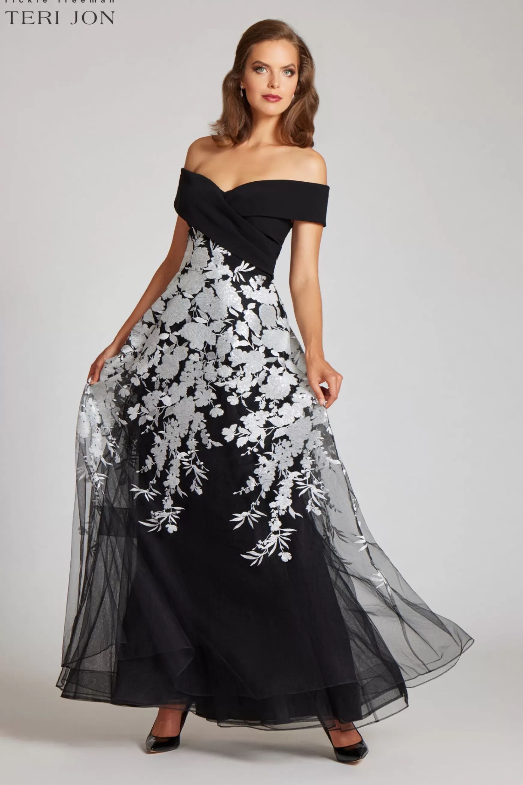 Evening & Formal Gowns*Teri Jon Crepe Off The Shoulder Floral Embroidered Gown Black Silver