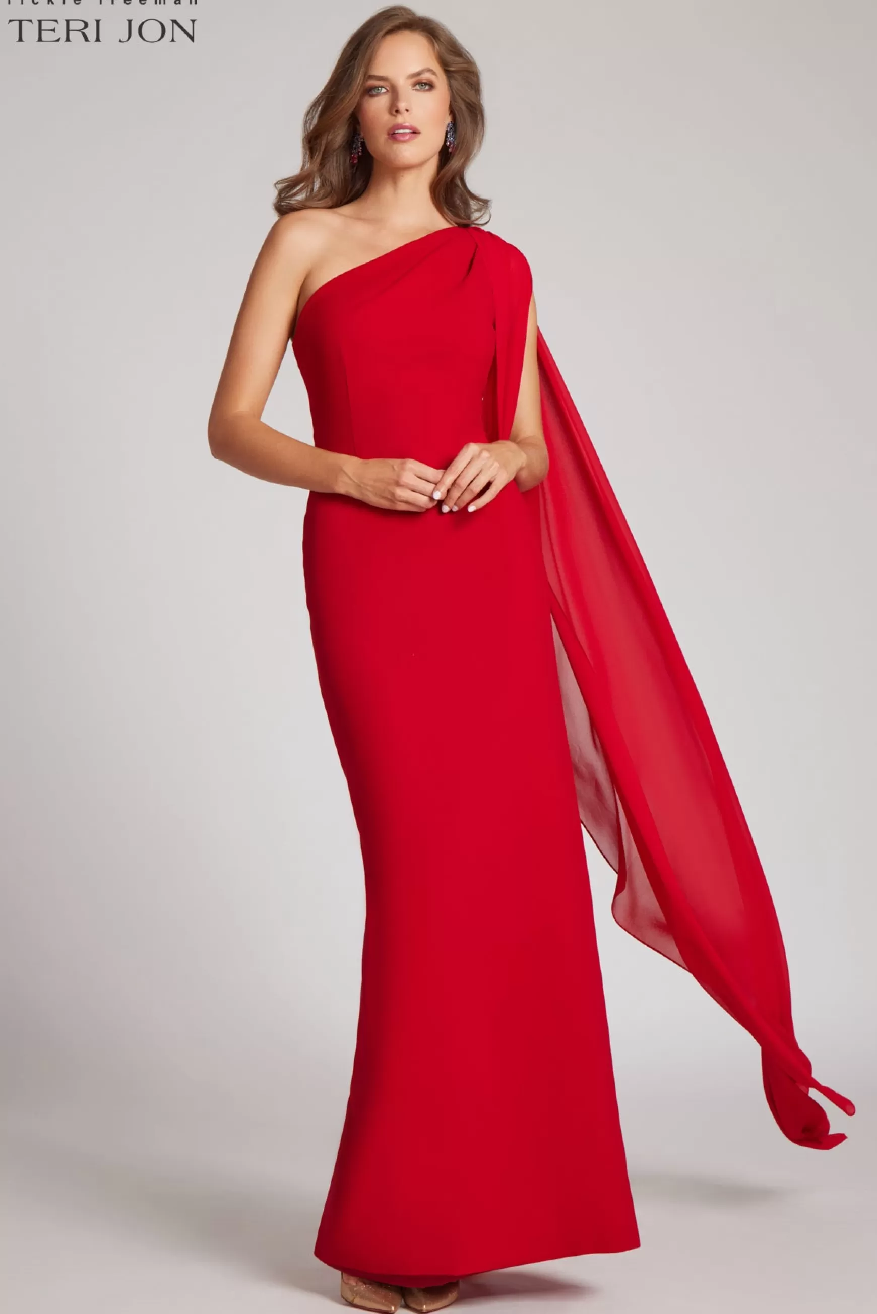 Evening & Formal Gowns*Teri Jon Crepe One Shoulder Fly Away Evening Gown Red