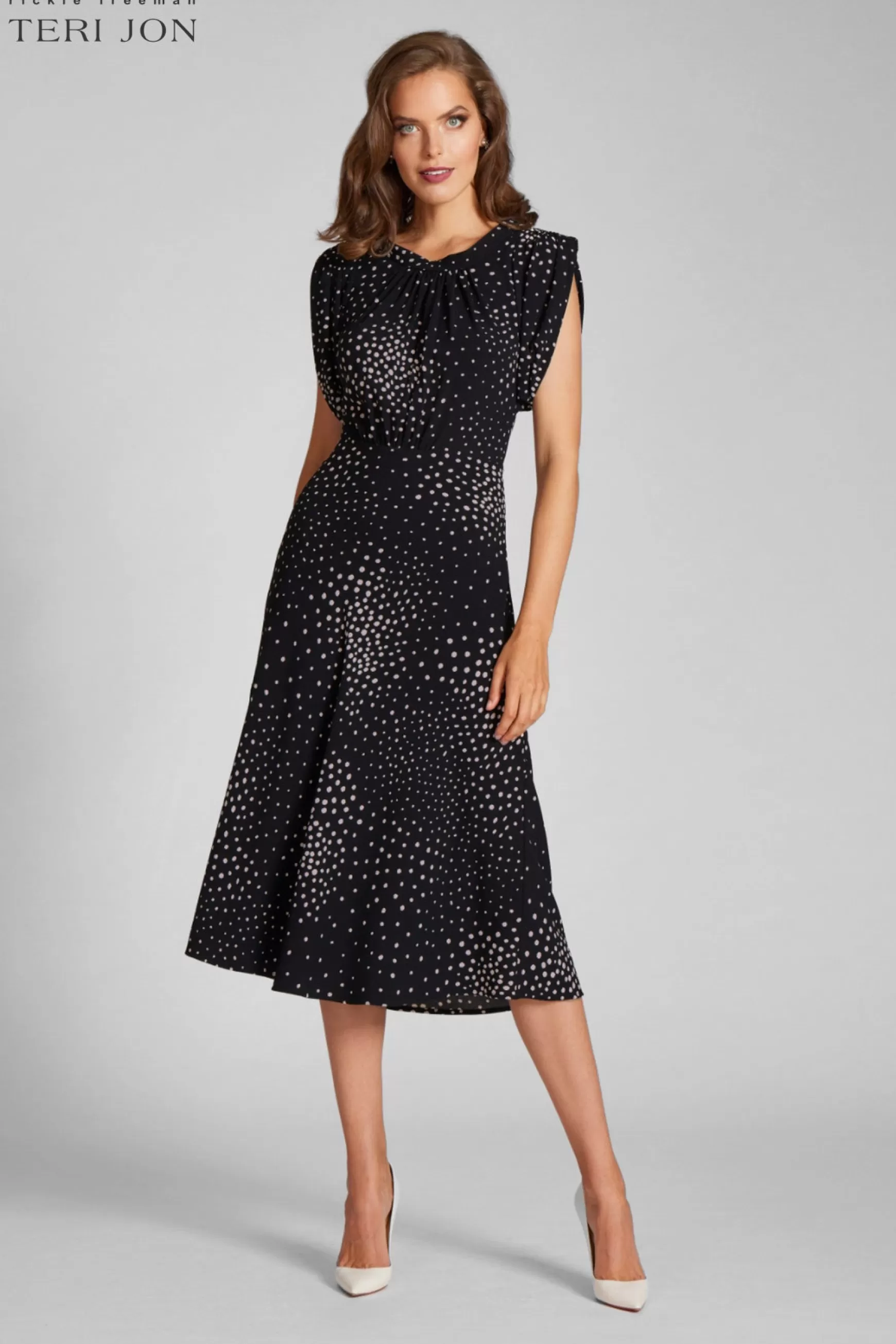 Cocktail & Party Dresses | Rehearsal Dinner*Teri Jon Crepe Polka Tea Length Dress Black