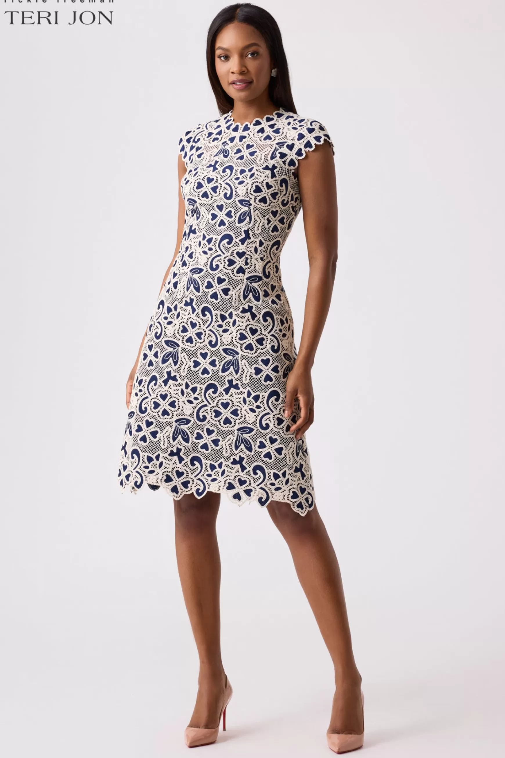 Cocktail & Party Dresses | Day Occasion*Teri Jon Daytime Crochet A-Line Skirt Dress Ivory Navy