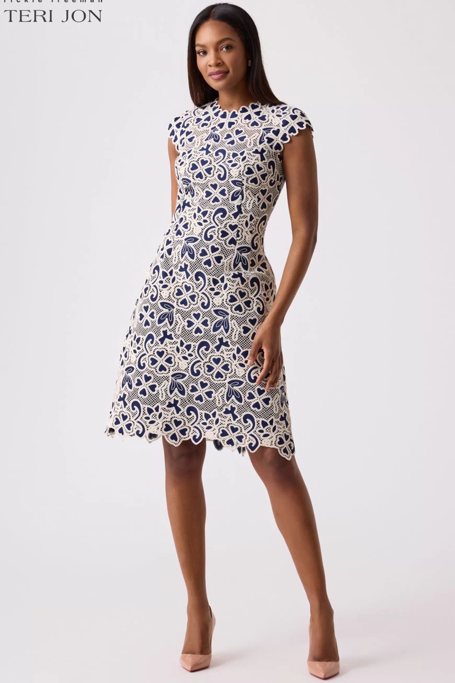 Cocktail & Party Dresses | Day Occasion*Teri Jon Daytime Crochet A-Line Skirt Dress Ivory Navy