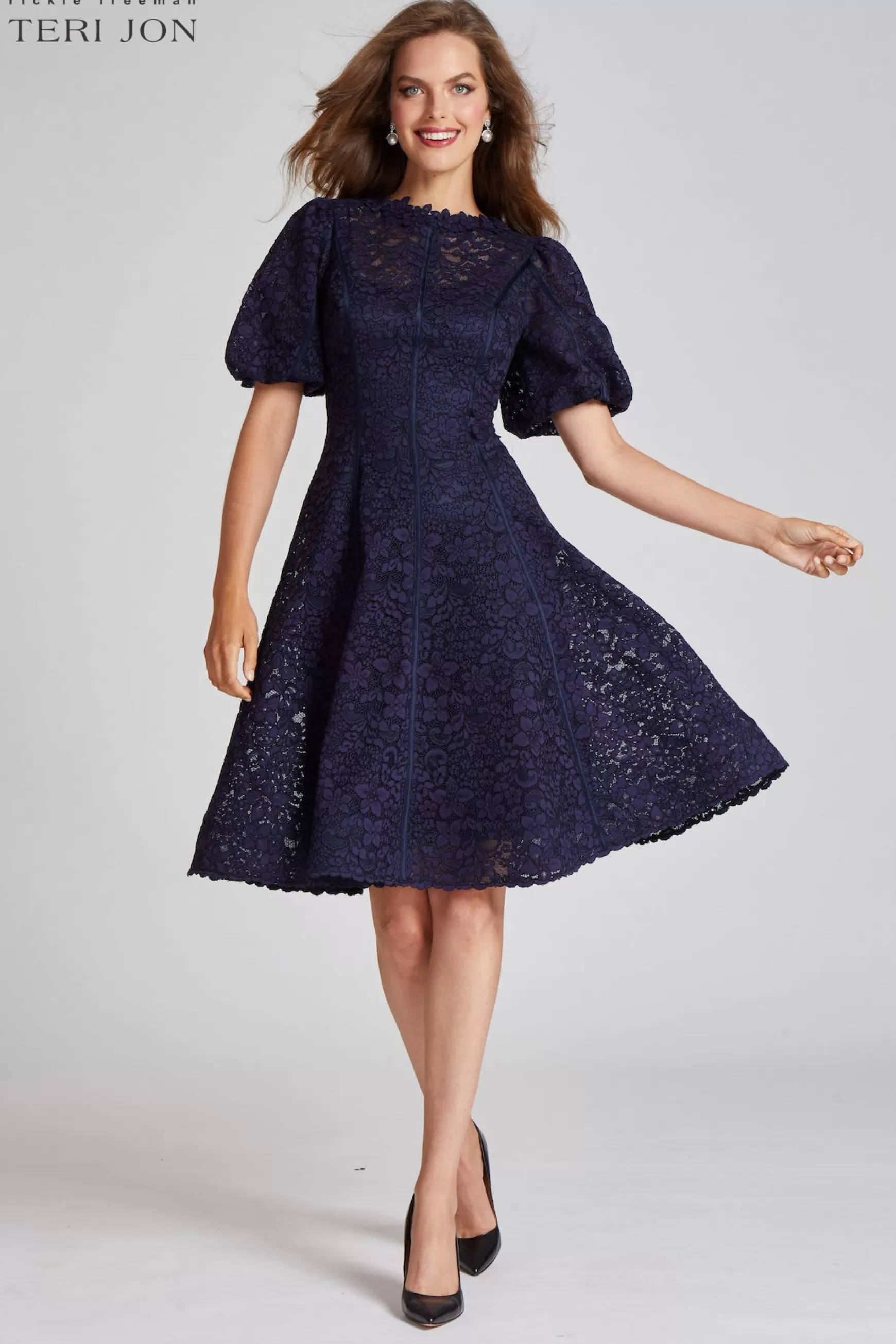 Plus Size Dresses | Shop Best Sellers*Teri Jon Embroided Lace Fit N Flare Puff Sleeve Dress navy | dusty-pink