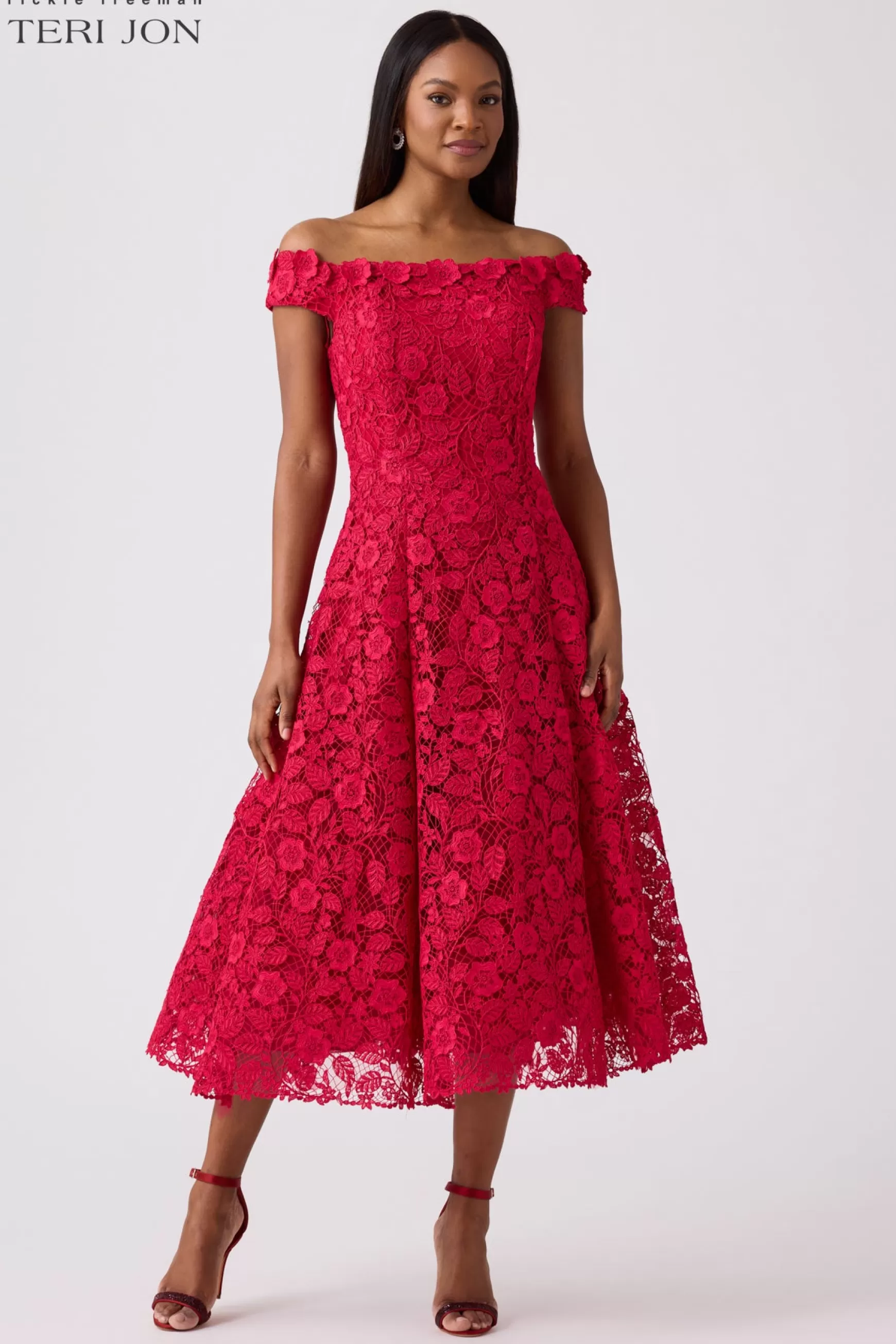 Coming Soon | Cocktail & Party Dresses*Teri Jon Embroidered Floral Lace Dress Ruby