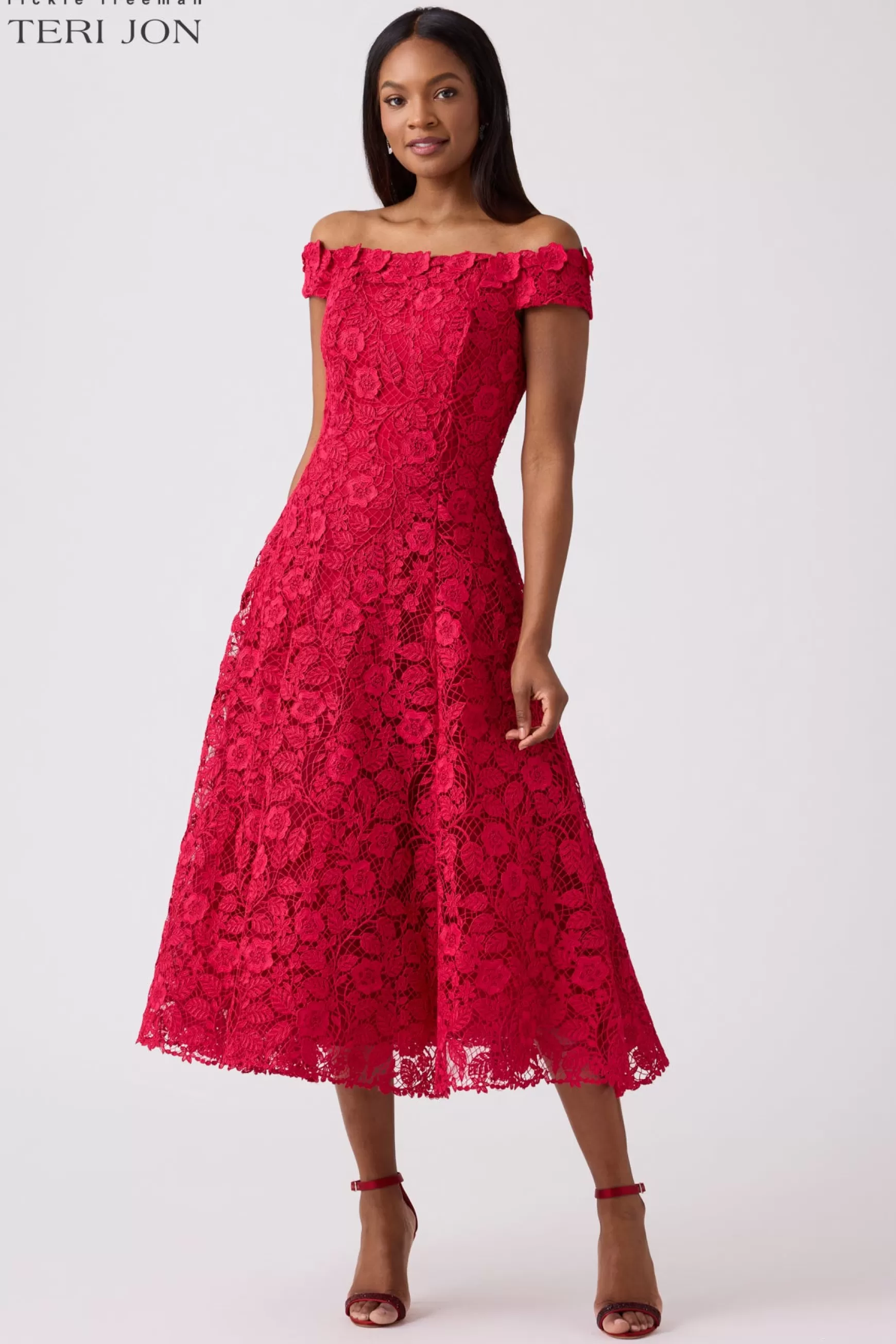 Coming Soon | Cocktail & Party Dresses*Teri Jon Embroidered Floral Lace Dress Ruby