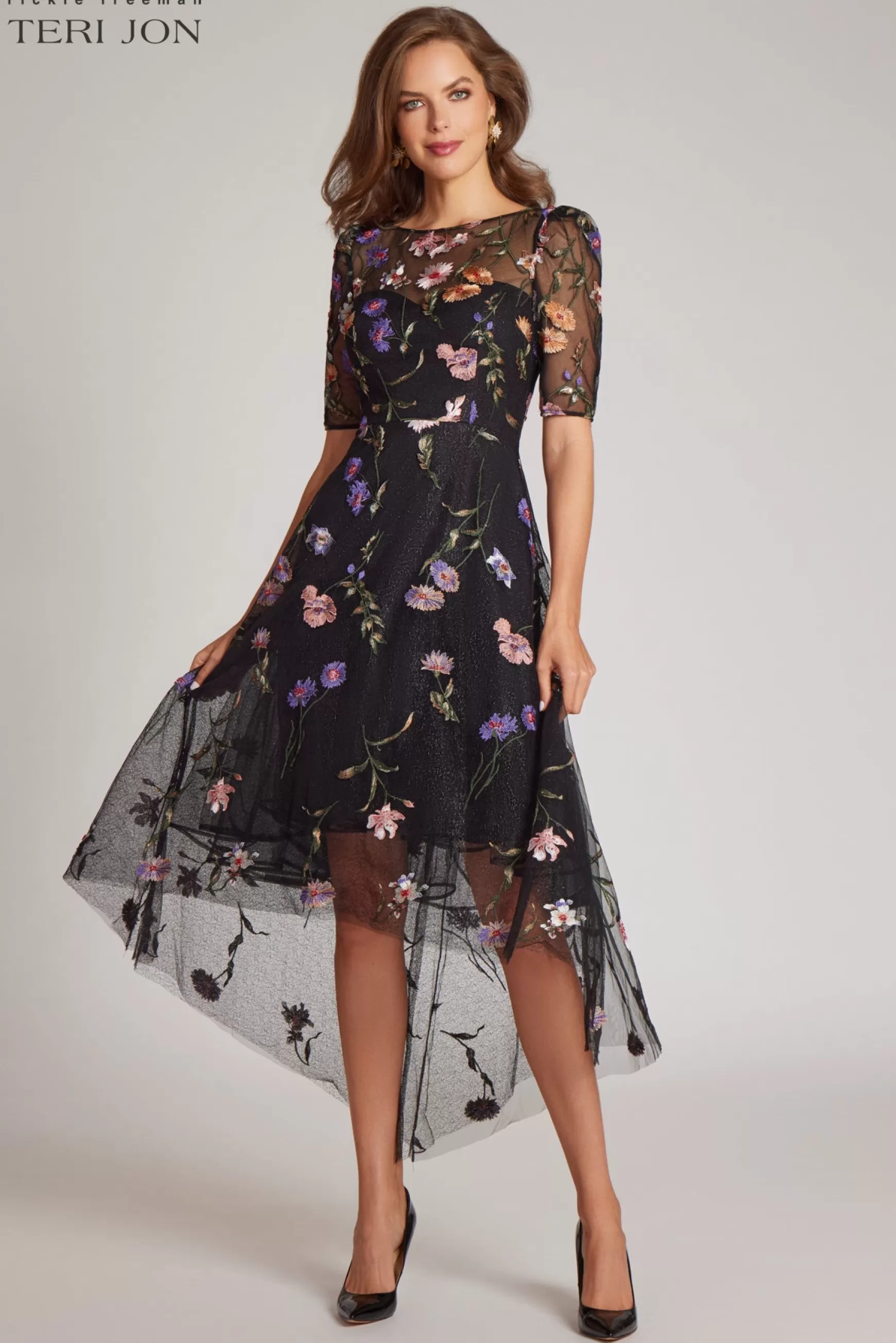 Guest of Wedding | Cocktail & Party Dresses*Teri Jon Embroidered Floral Tulle Fit And Flare Dress Black Multi