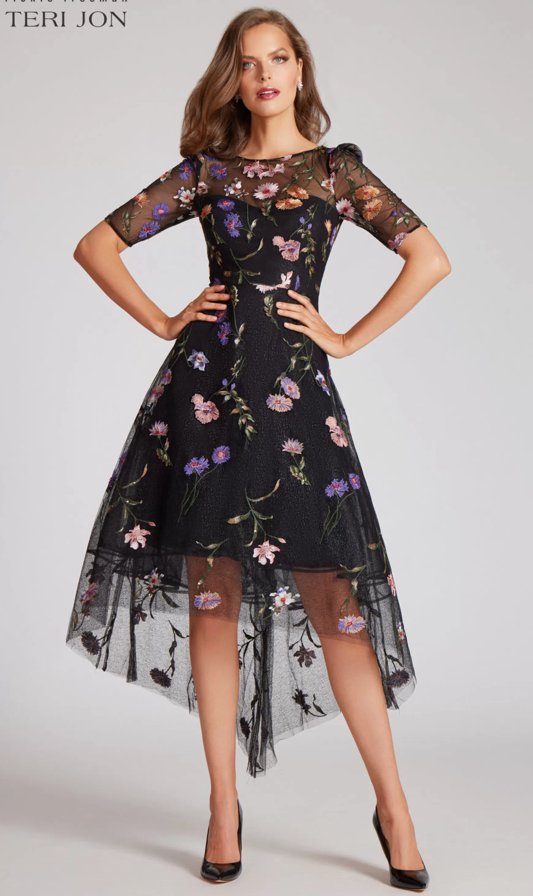 Guest of Wedding | Cocktail & Party Dresses*Teri Jon Embroidered Floral Tulle Fit And Flare Dress Black Multi