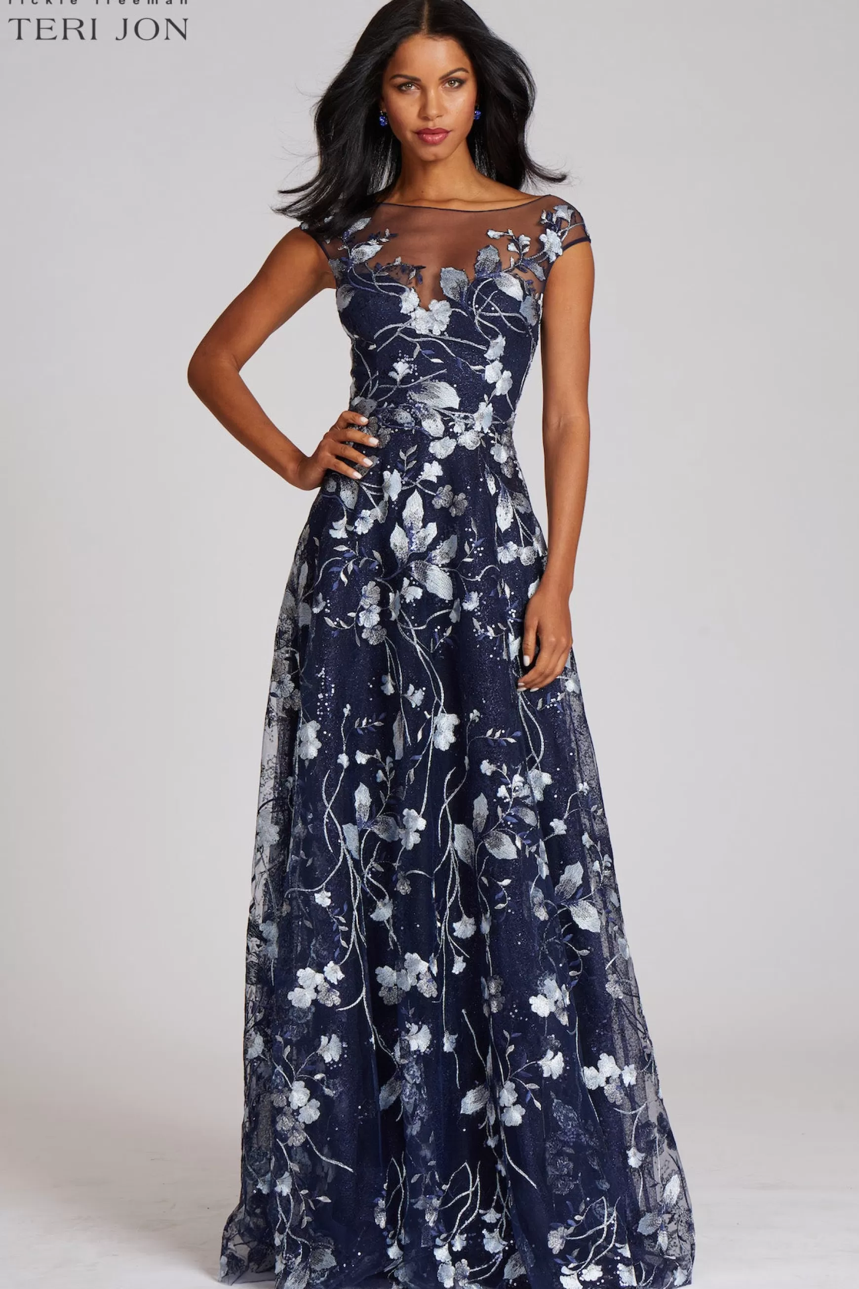 Plus Size Dresses | Evening & Formal Gowns*Teri Jon Embroidered Lace Illusion Gown Navy/Silver