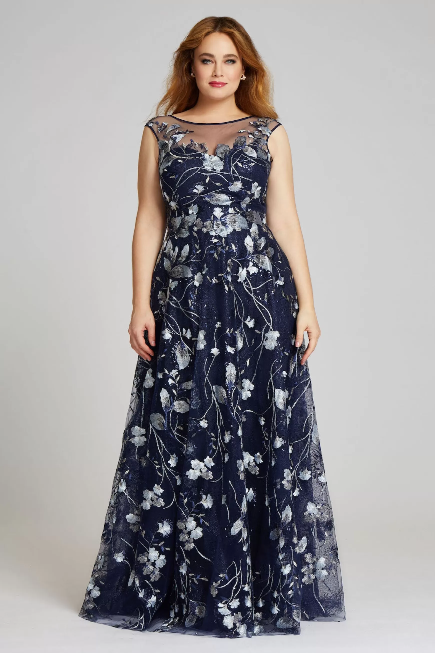 Plus Size Dresses | Evening & Formal Gowns*Teri Jon Embroidered Lace Illusion Gown Navy/Silver