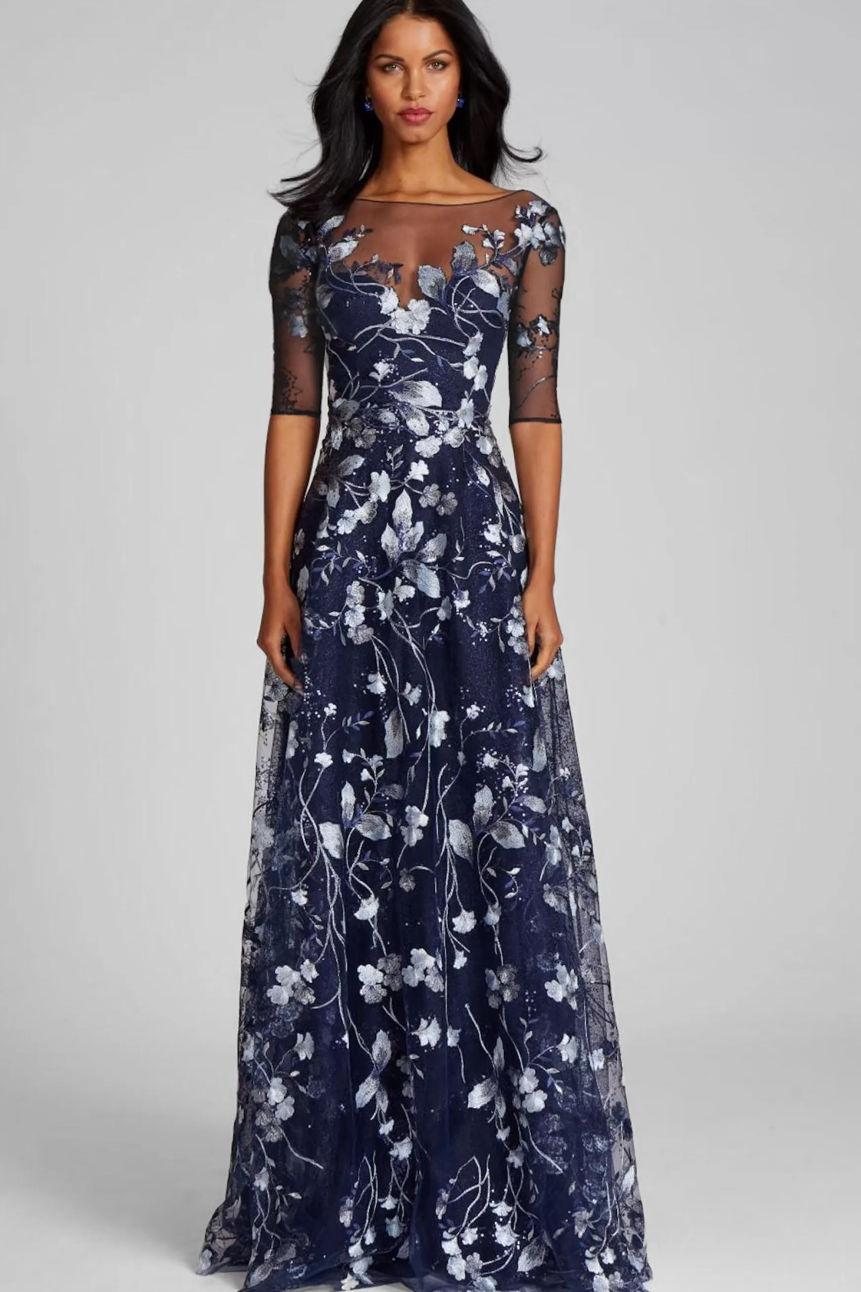 Evening & Formal Gowns | Guest of Wedding*Teri Jon Embroidered Lace Illusion Gown With Elbow Sleeves Navy Silver