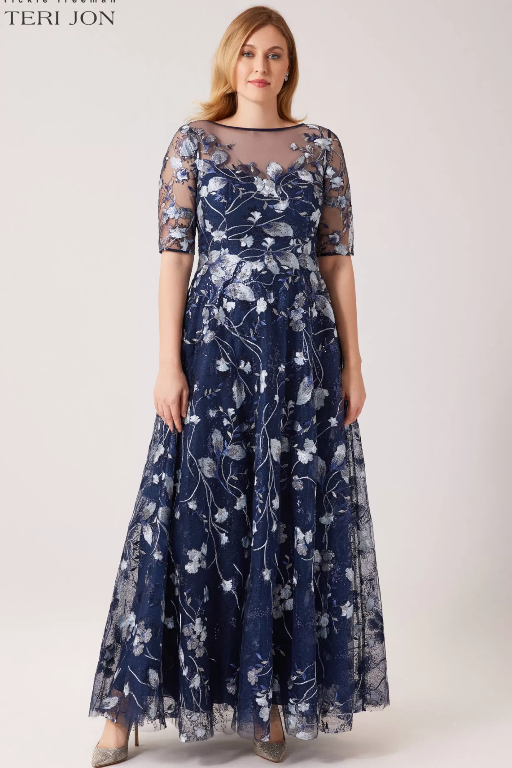 Evening & Formal Gowns | Guest of Wedding*Teri Jon Embroidered Lace Illusion Gown With Elbow Sleeves Navy Silver