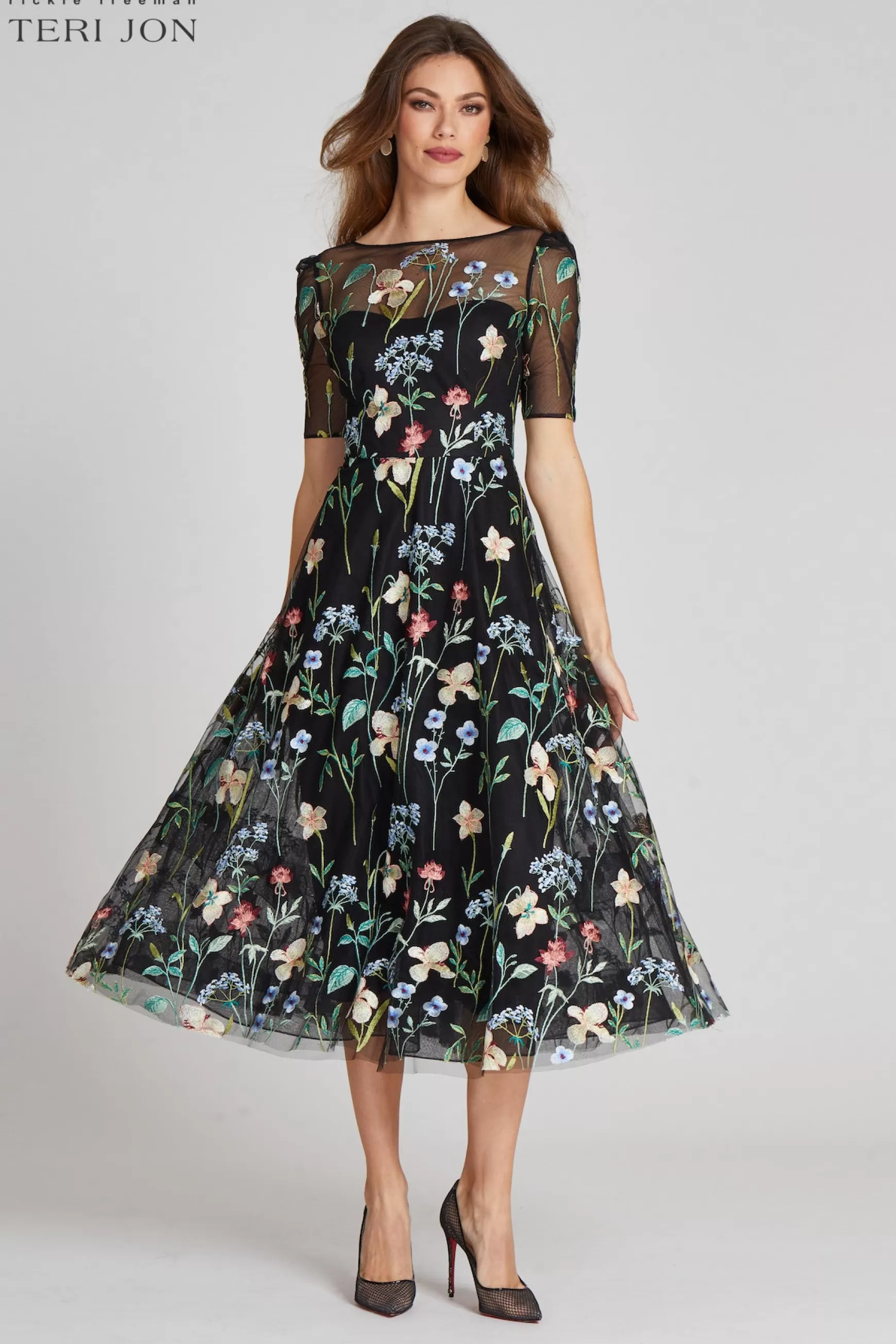 Shop Best Sellers | Guest of Wedding*Teri Jon Embroidered Tulle Dress With Floral Print Black Multi