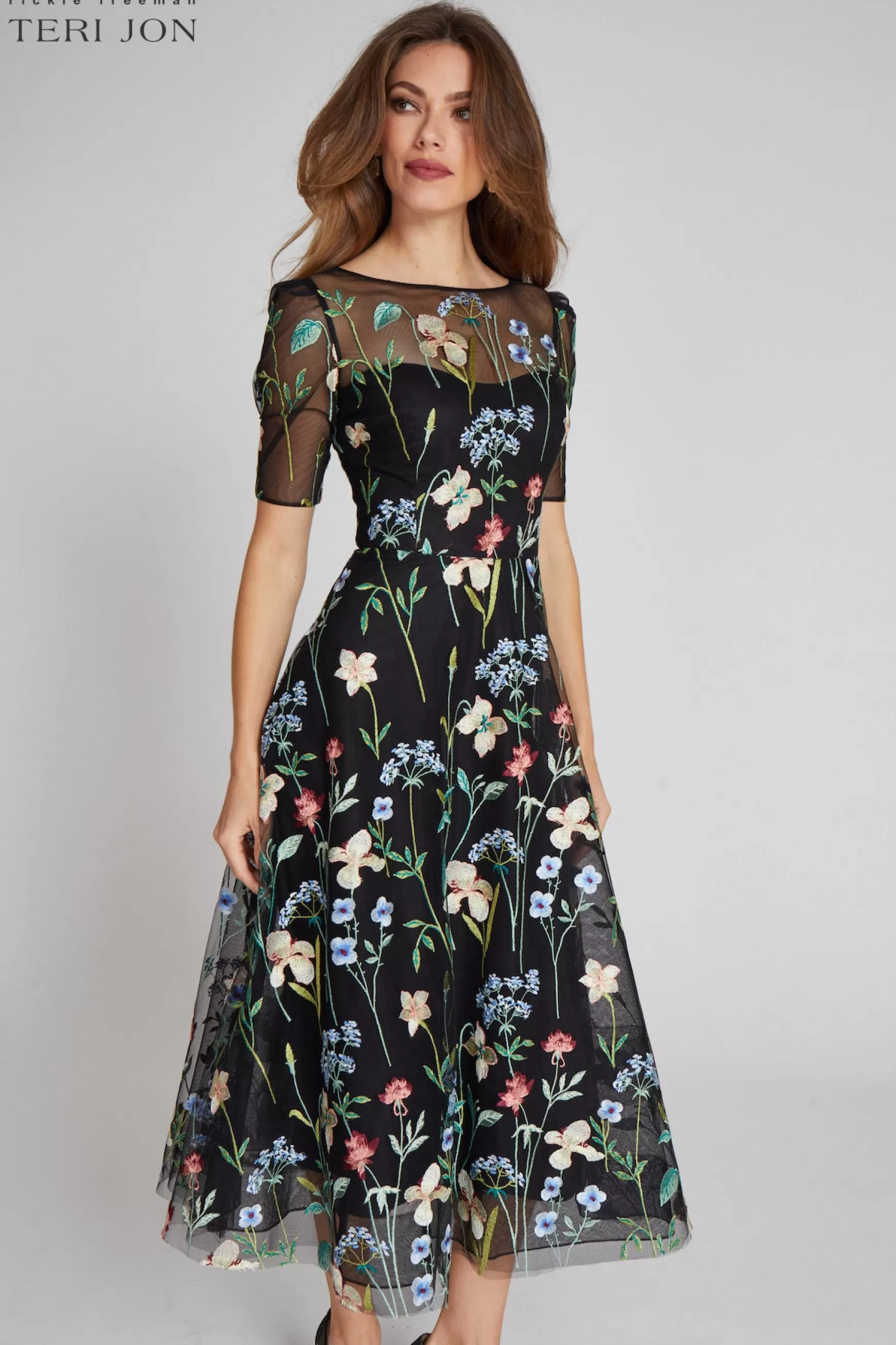 Shop Best Sellers | Guest of Wedding*Teri Jon Embroidered Tulle Dress With Floral Print Black Multi