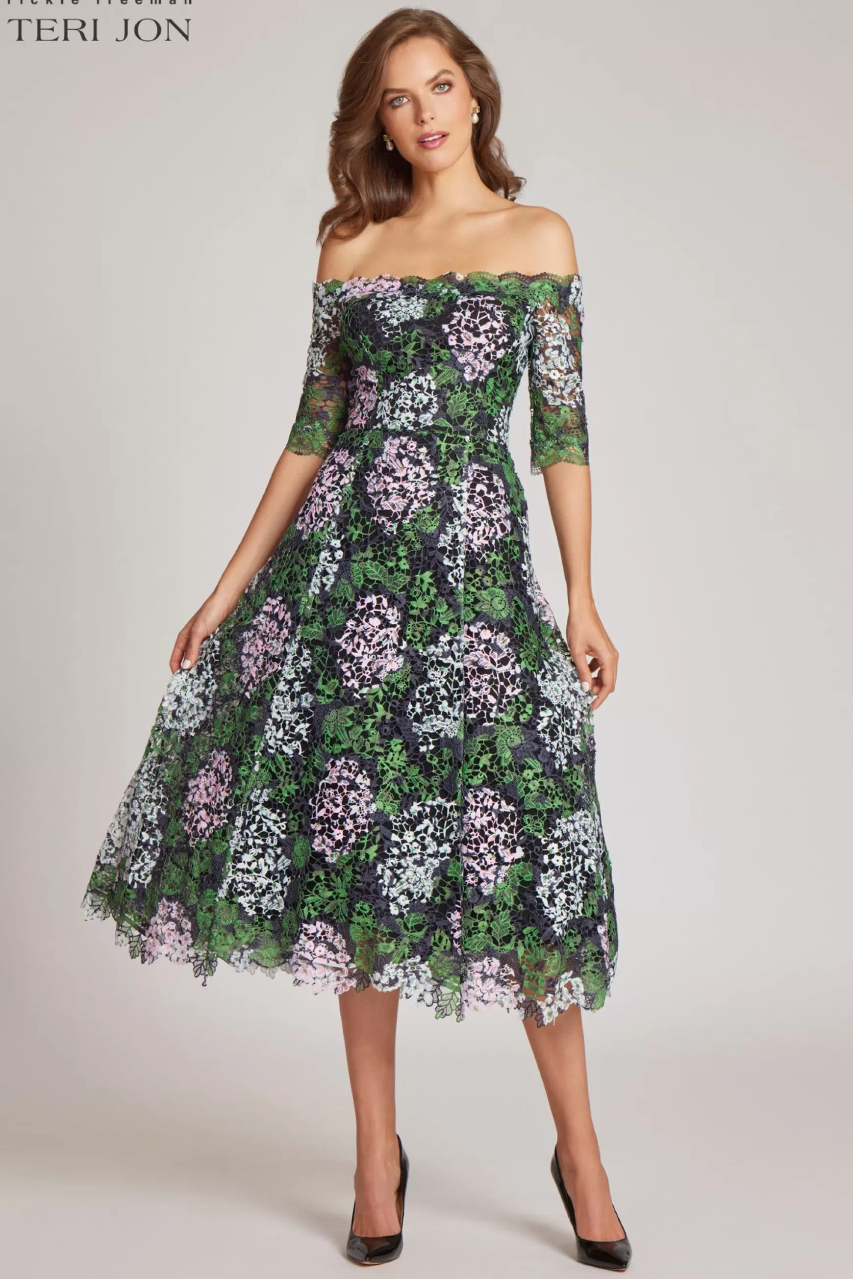 Cocktail & Party Dresses | Day Occasion*Teri Jon Floral And Lace Off The Shoulder Daytime Dress Black Multi