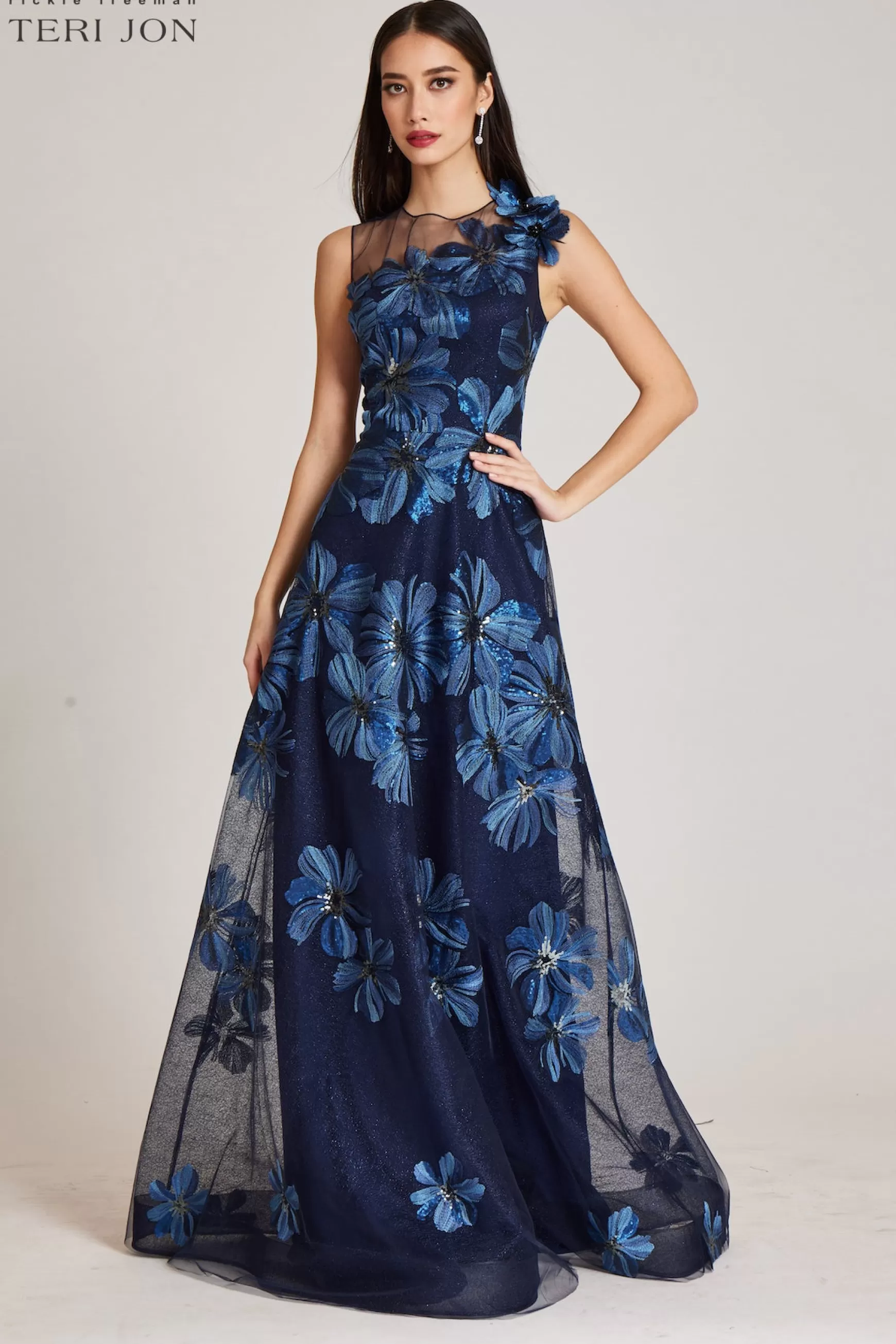 Evening & Formal Gowns*Teri Jon Floral Embroidered Tulle Gown With 3D Flower Sapphire Multi