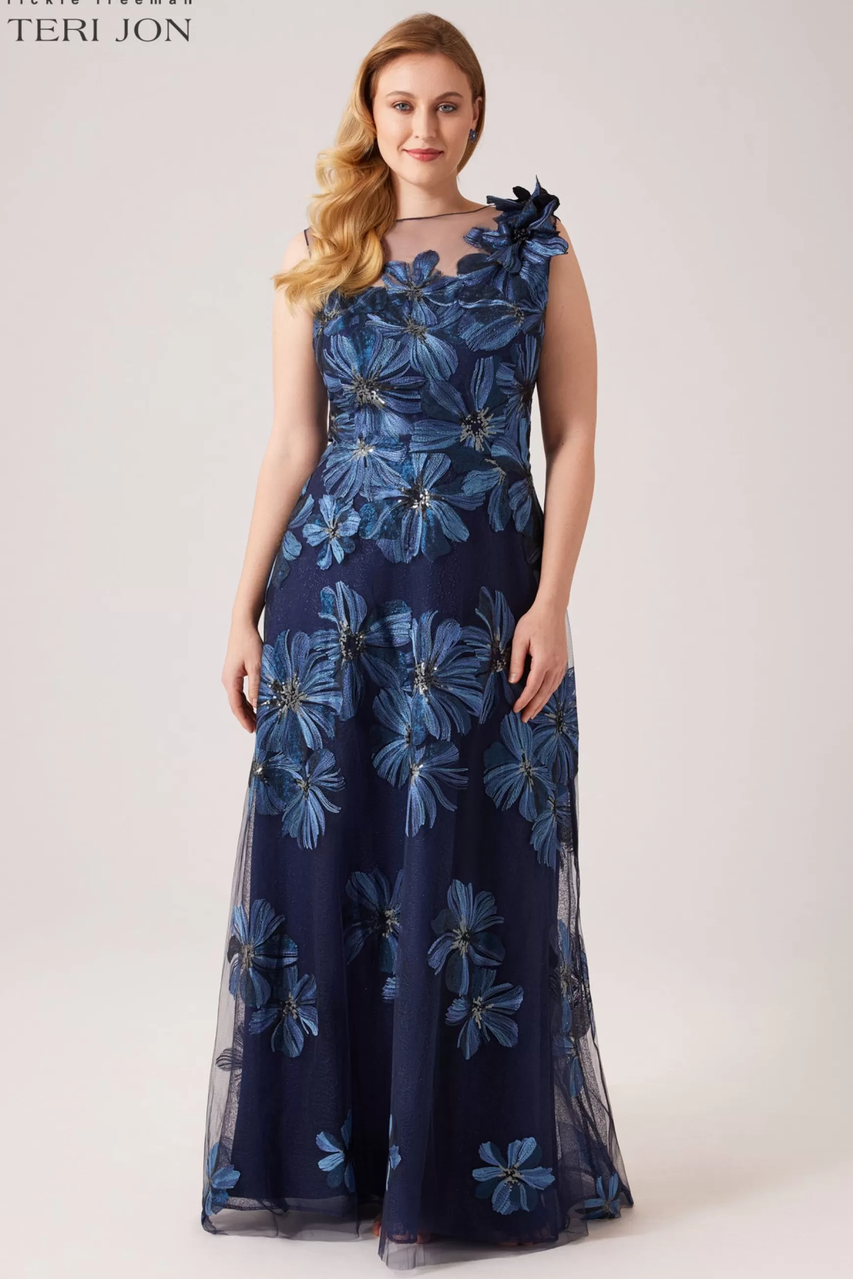 Evening & Formal Gowns*Teri Jon Floral Embroidered Tulle Gown With 3D Flower Sapphire Multi