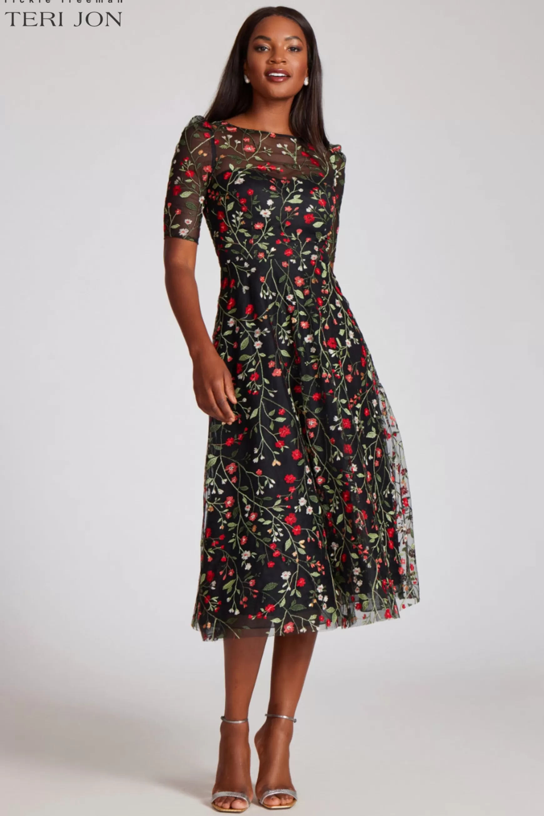 Cocktail & Party Dresses | Day Occasion*Teri Jon Floral Embroidered Tulle Midi Dress Black Multi