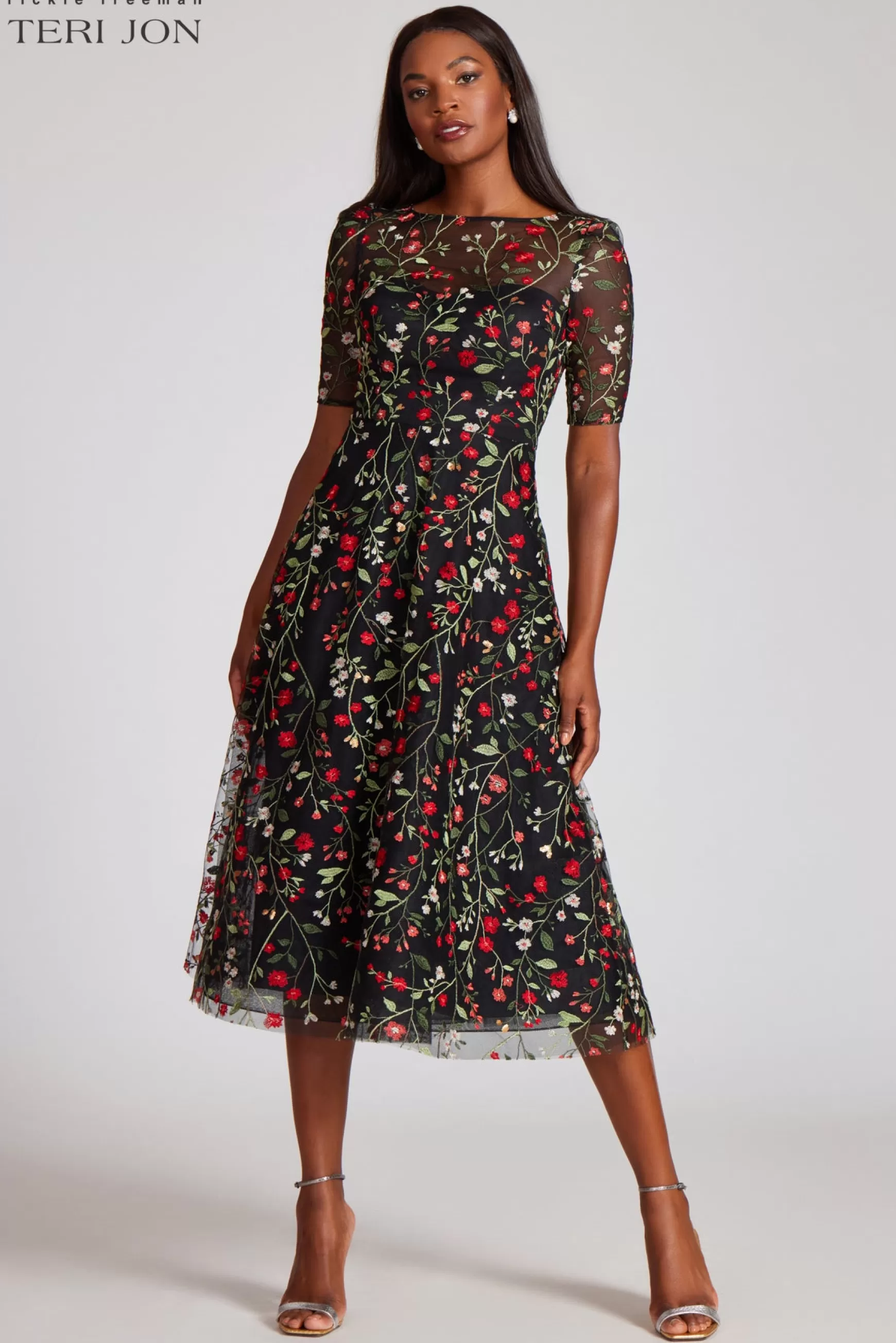 Cocktail & Party Dresses | Day Occasion*Teri Jon Floral Embroidered Tulle Midi Dress Black Multi