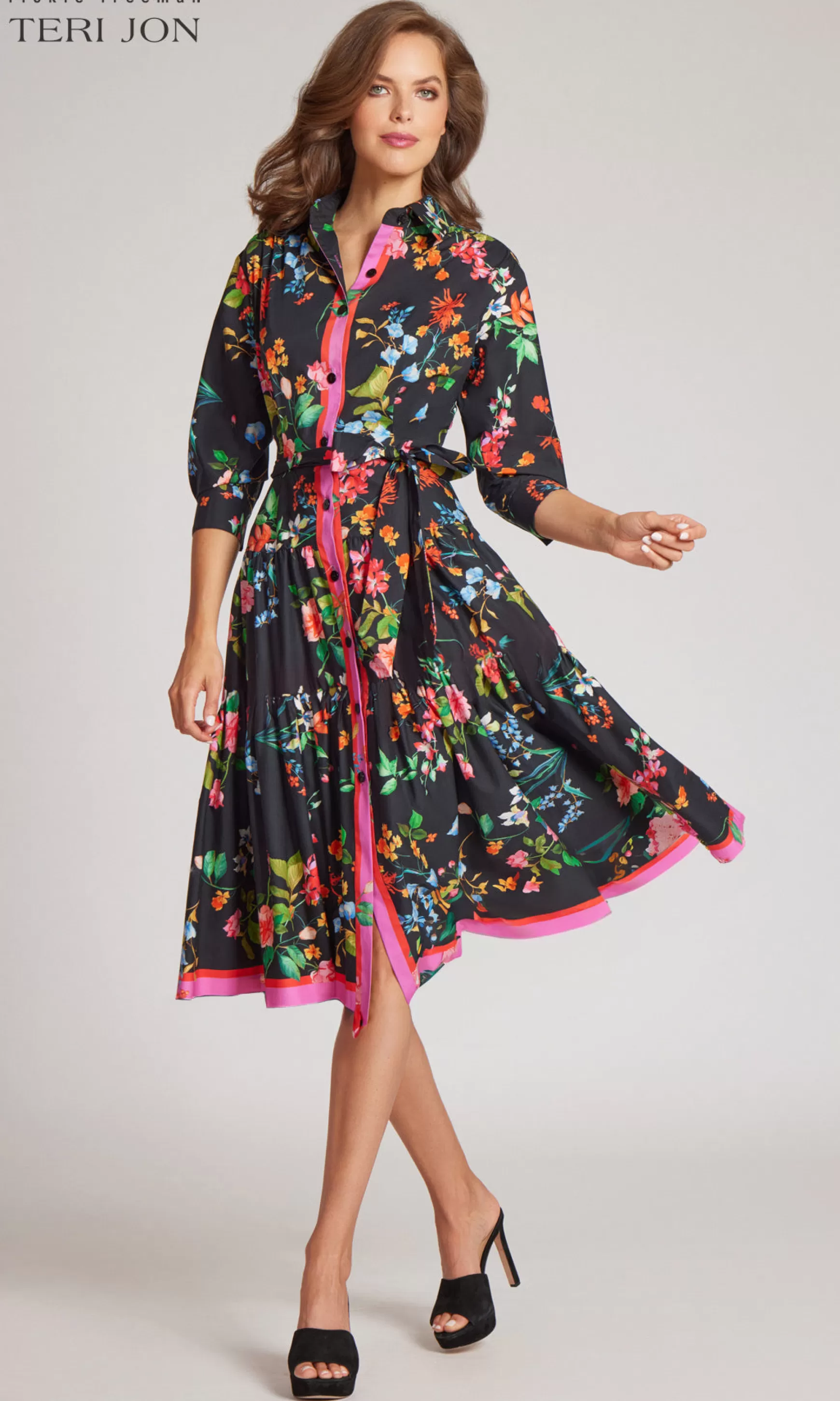 Cocktail & Party Dresses*Teri Jon Floral Flounce Hem Shirt Dress Black Multi