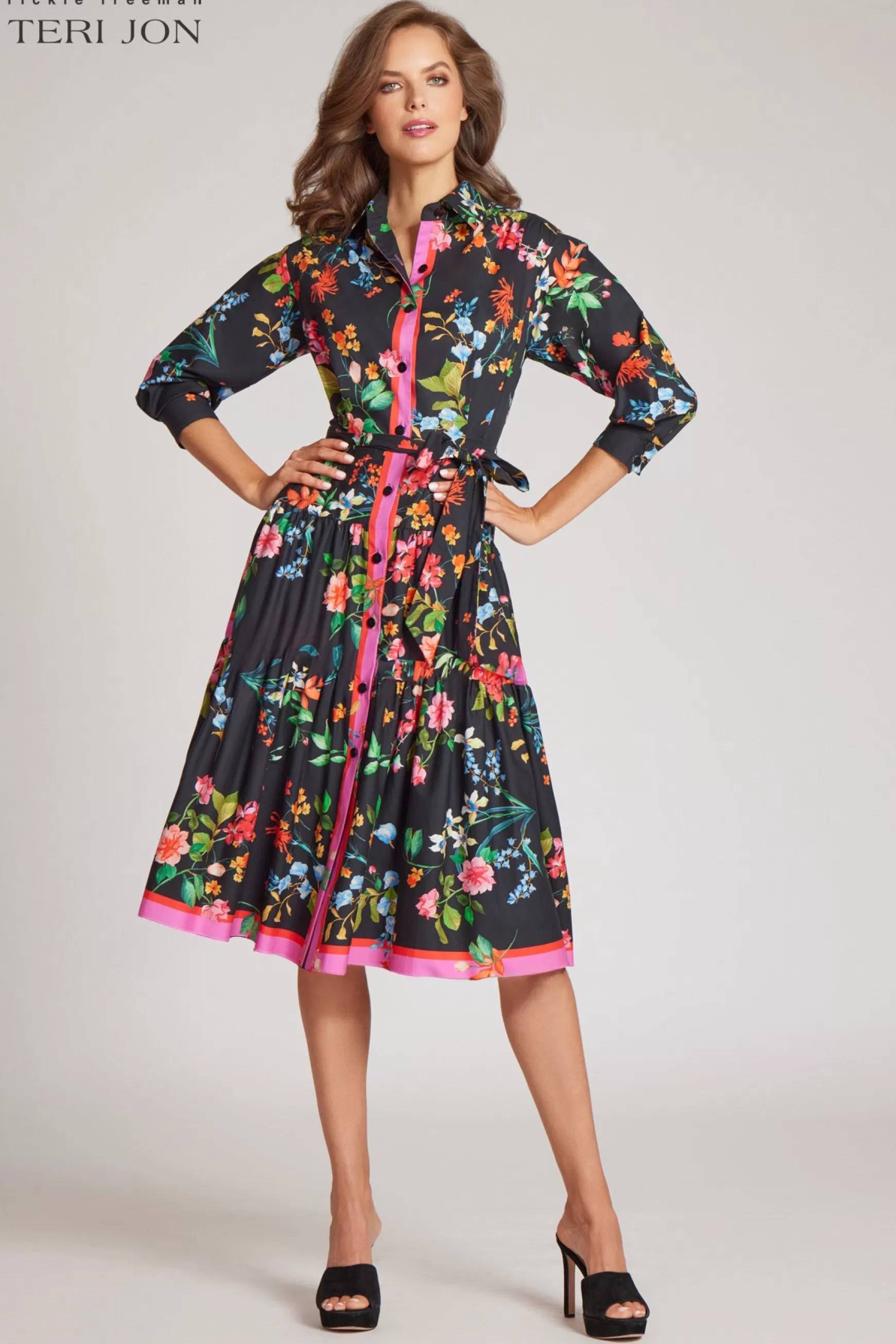 Cocktail & Party Dresses*Teri Jon Floral Flounce Hem Shirt Dress Black Multi