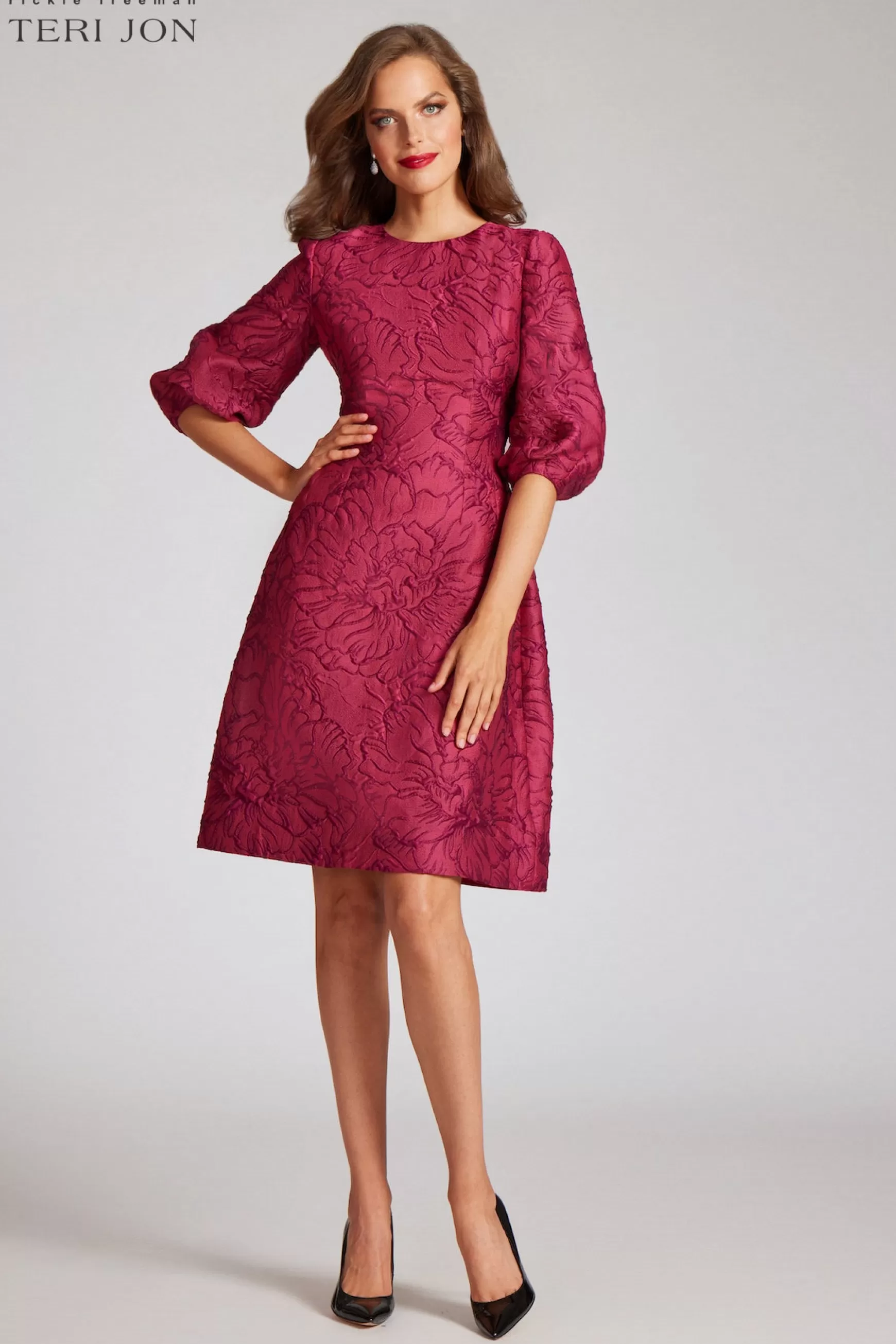 Cocktail & Party Dresses*Teri Jon Floral Jacquard Balloon Sleeve Dress Ruby