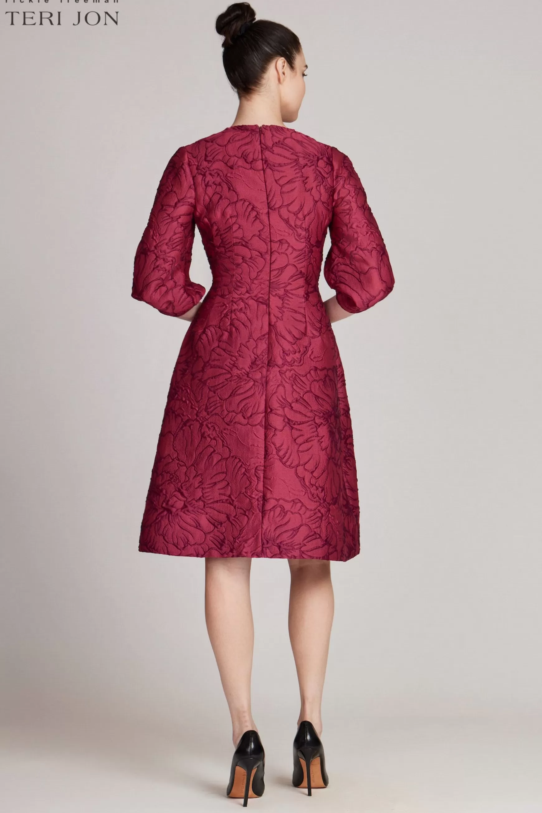 Cocktail & Party Dresses*Teri Jon Floral Jacquard Balloon Sleeve Dress Ruby