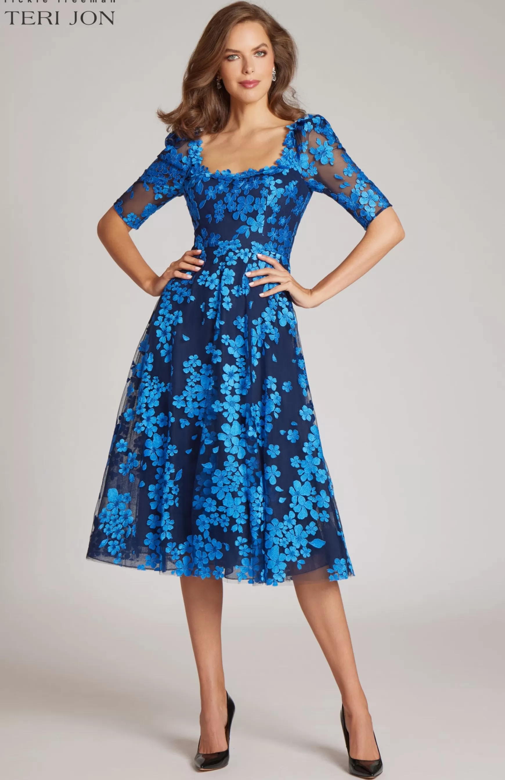 Cocktail & Party Dresses*Teri Jon Floral Lace Cocktail Dress Navy Royal