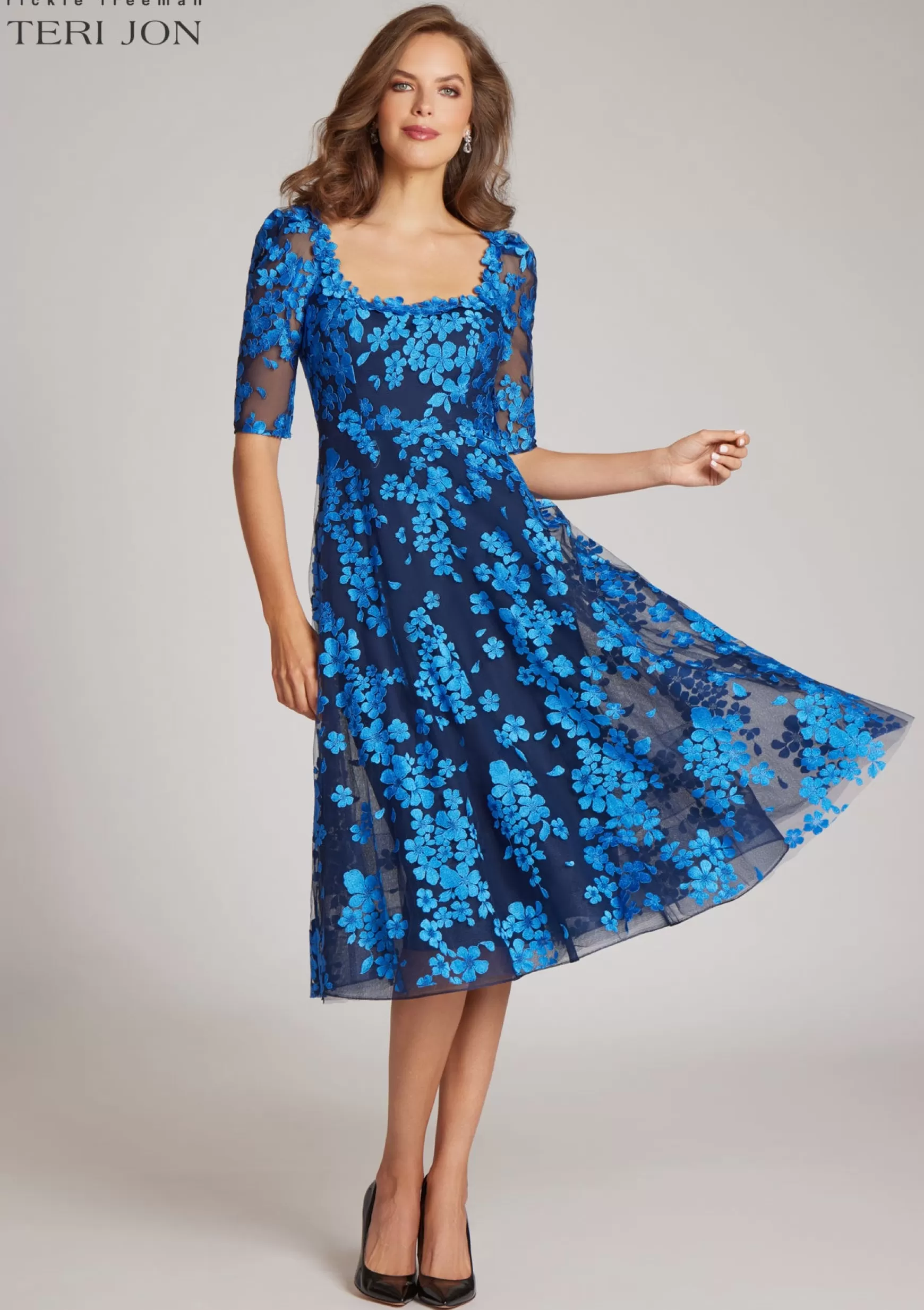 Cocktail & Party Dresses*Teri Jon Floral Lace Cocktail Dress Navy Royal