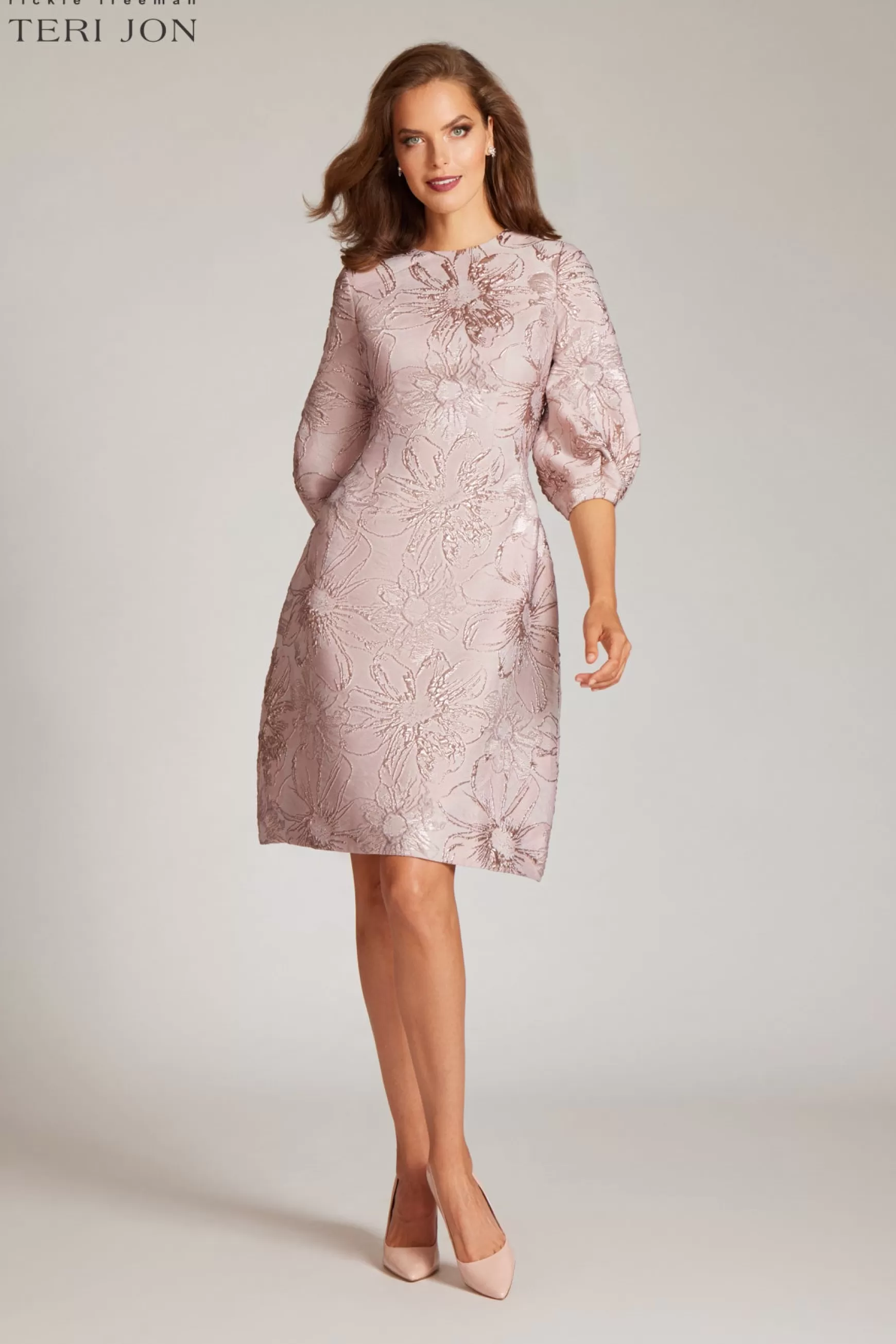 Guest of Wedding | Cocktail & Party Dresses*Teri Jon Floral Pattern Jacquard Balloon Sleeve Dress blush-multi | slate-blue