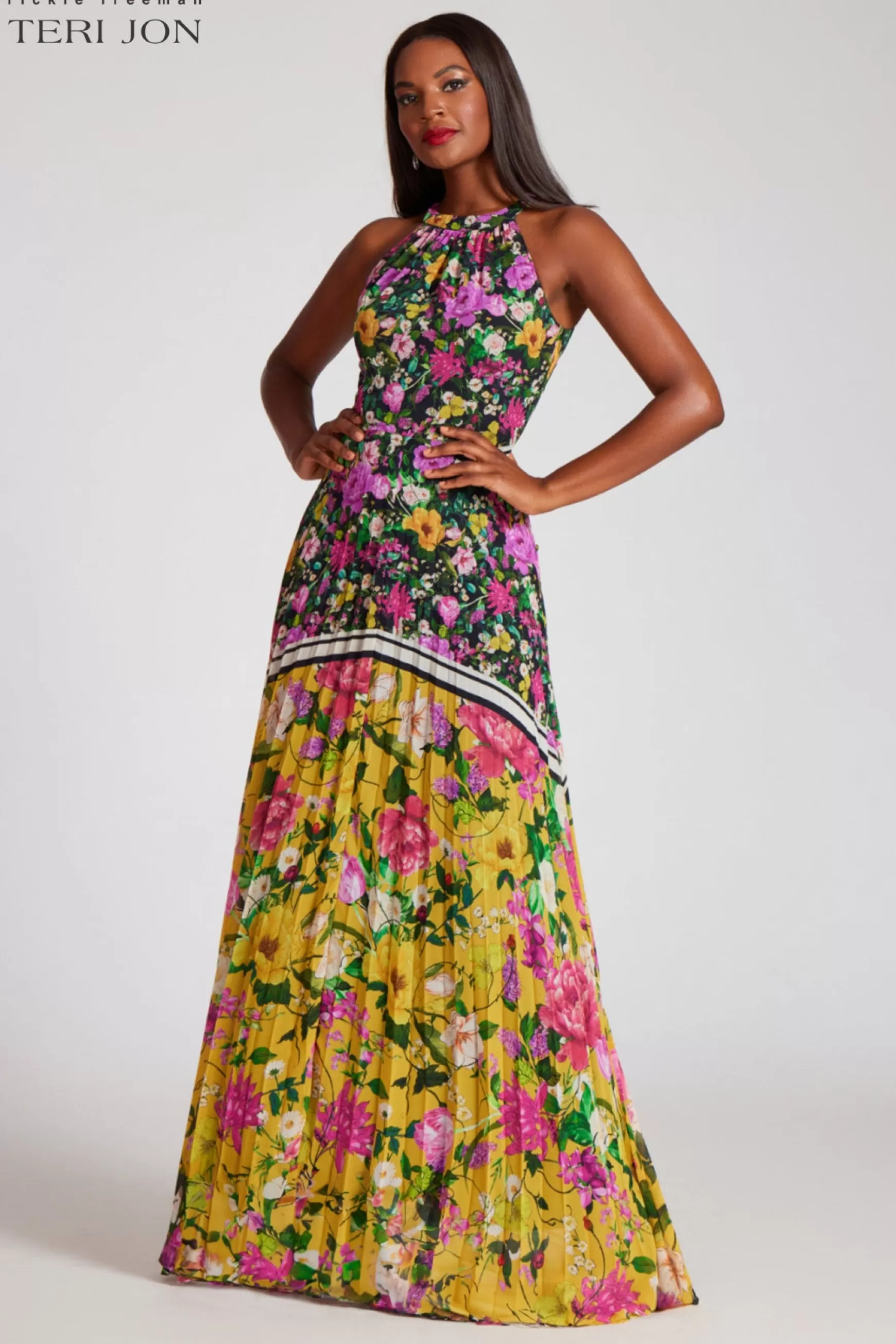 Evening & Formal Gowns | Guest of Wedding*Teri Jon Floral Pleated Halter Neck Gown Black Multi