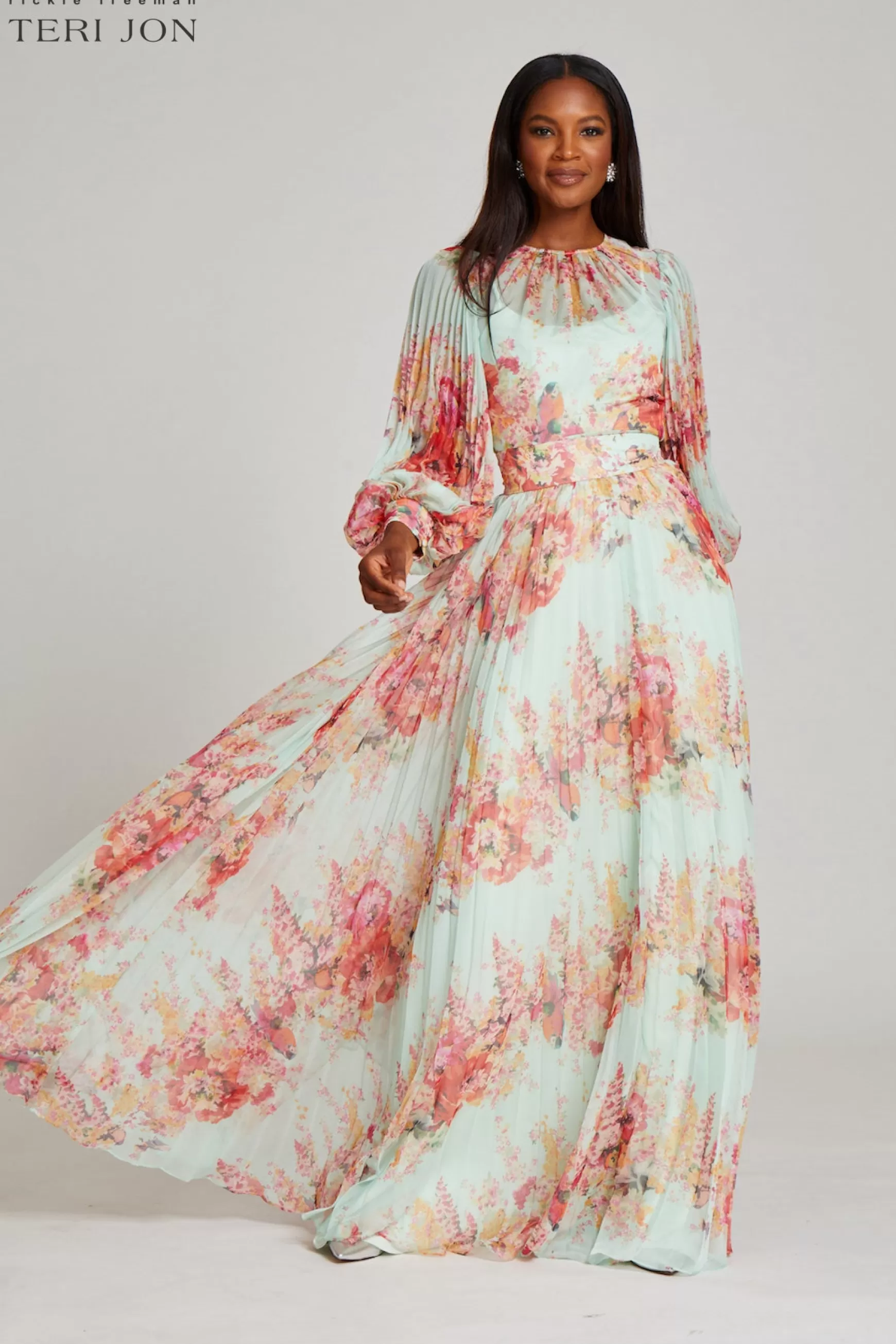 Plus Size Dresses | Shop Best Sellers*Teri Jon Floral Printed Pleated Sleeve Chiffon Gown multi-colors | pink-multi | light-blue-multi