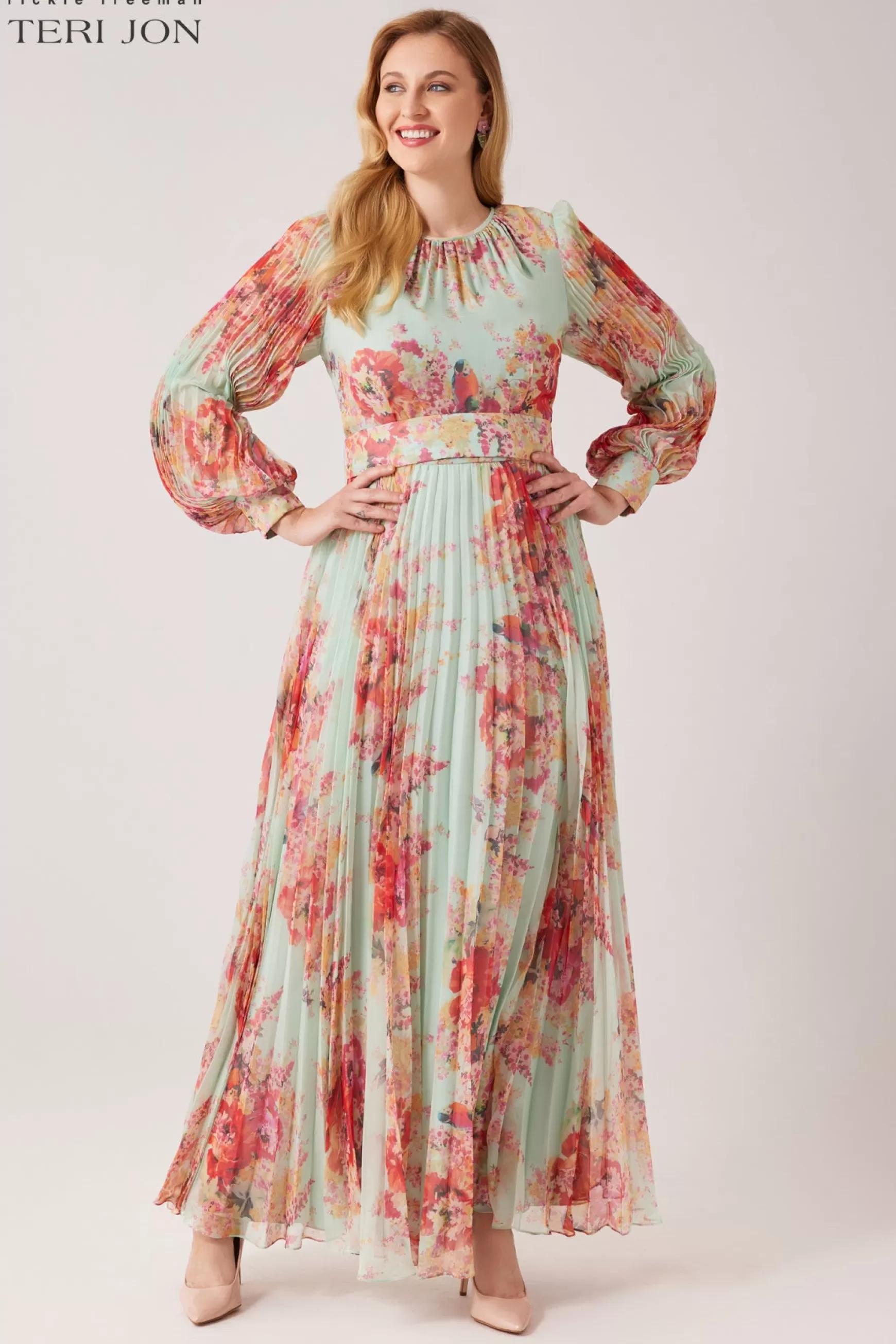 Plus Size Dresses | Shop Best Sellers*Teri Jon Floral Printed Pleated Sleeve Chiffon Gown multi-colors | pink-multi | light-blue-multi