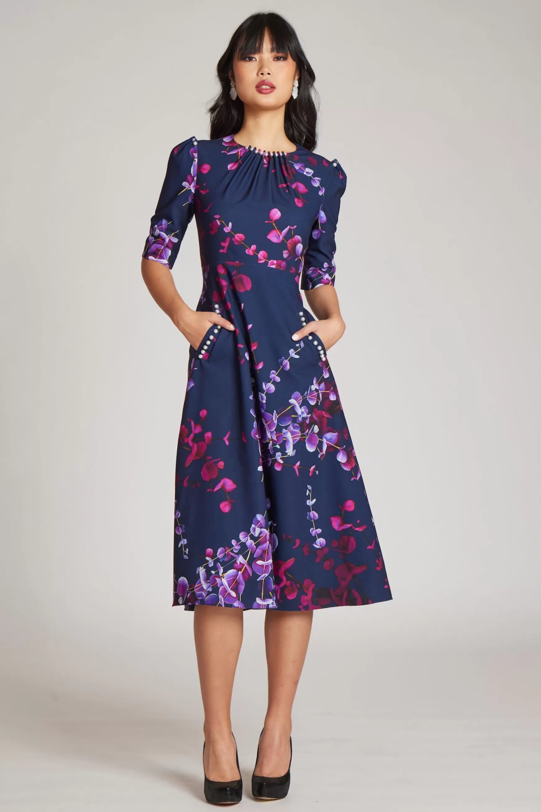 Cocktail & Party Dresses*Teri Jon Floral Printed Scuba Jewel Neckline Dress Navy Multi