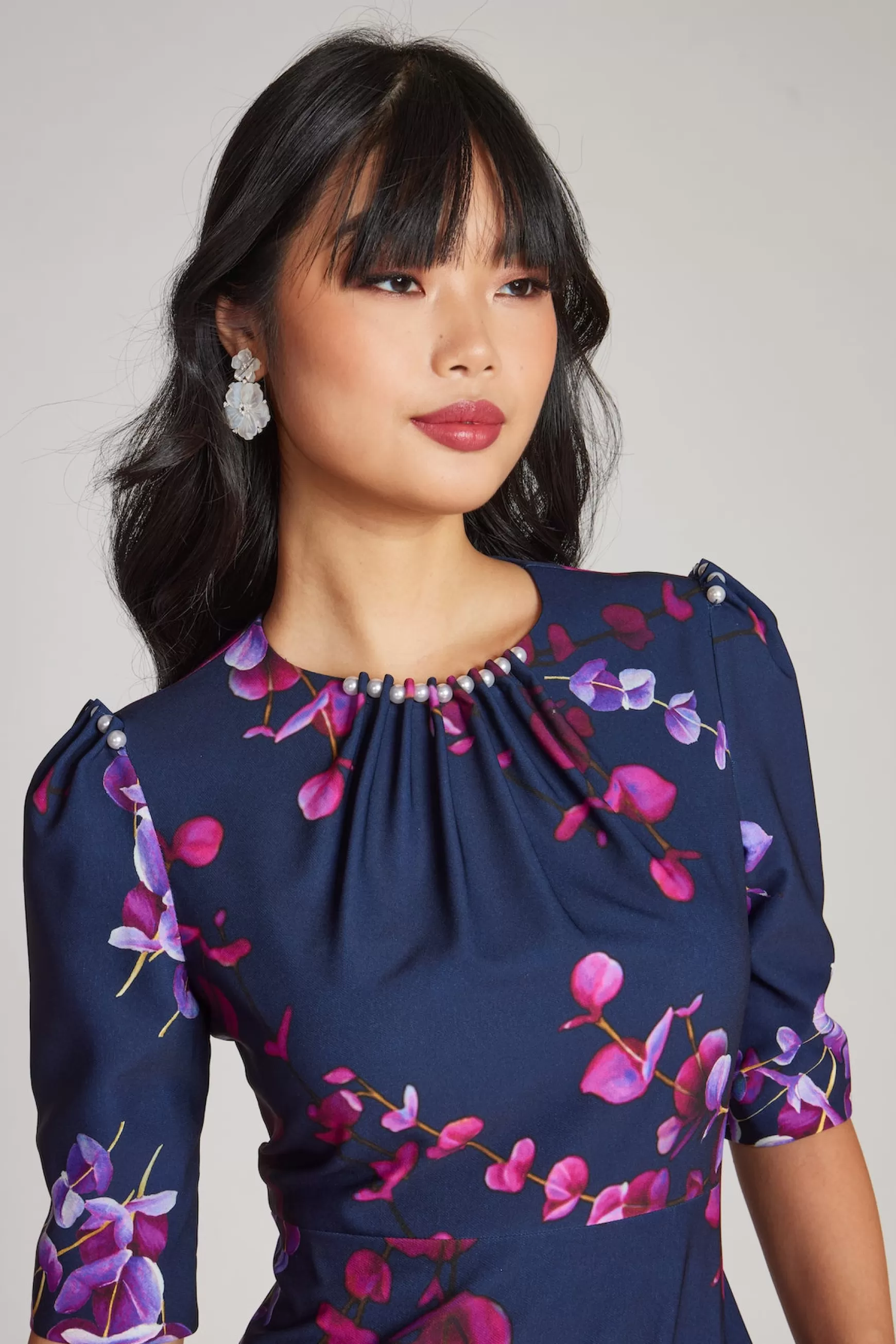 Cocktail & Party Dresses*Teri Jon Floral Printed Scuba Jewel Neckline Dress Navy Multi