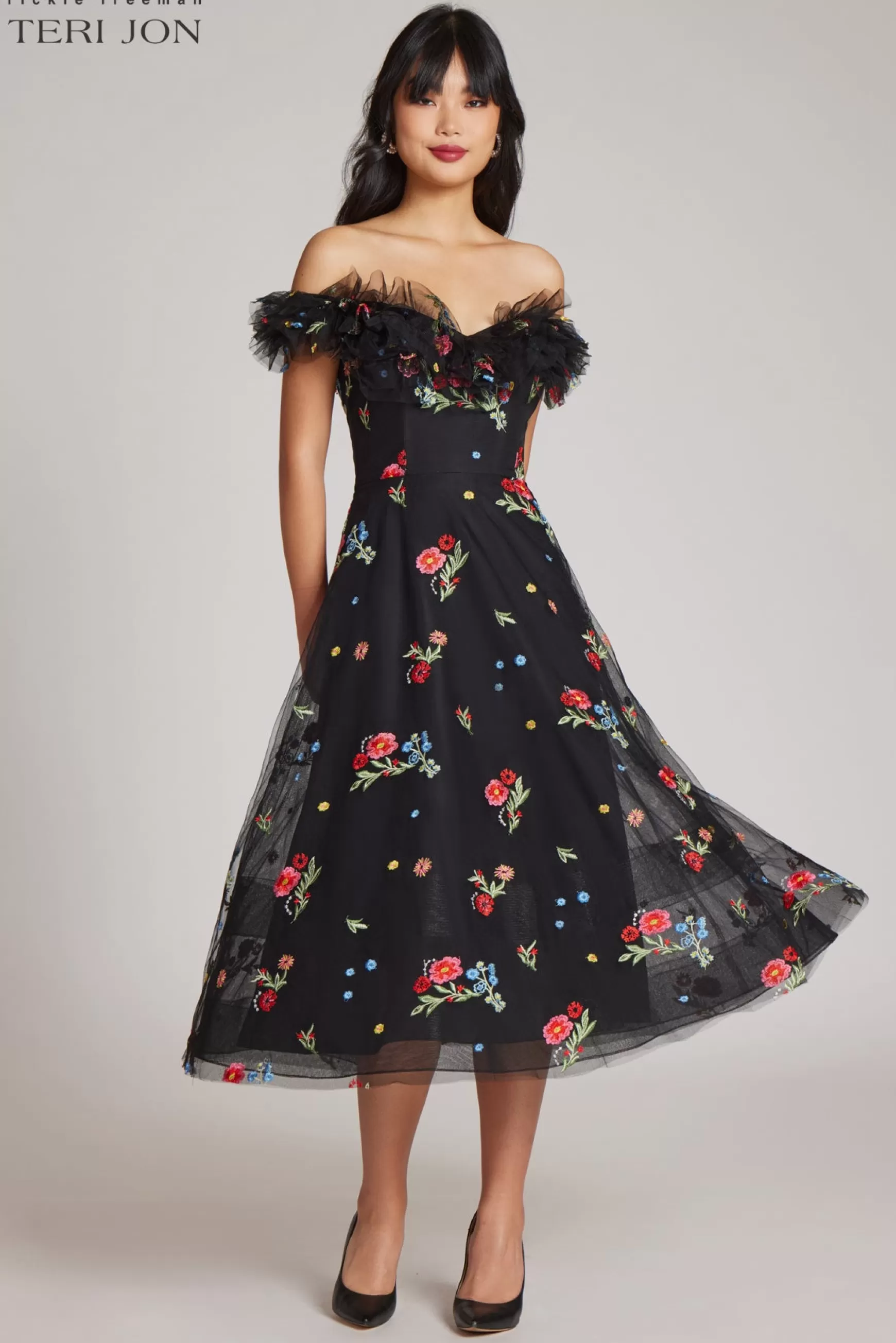 Guest of Wedding | Cocktail & Party Dresses*Teri Jon Floral Tulle Ruffle Dress Black Multi