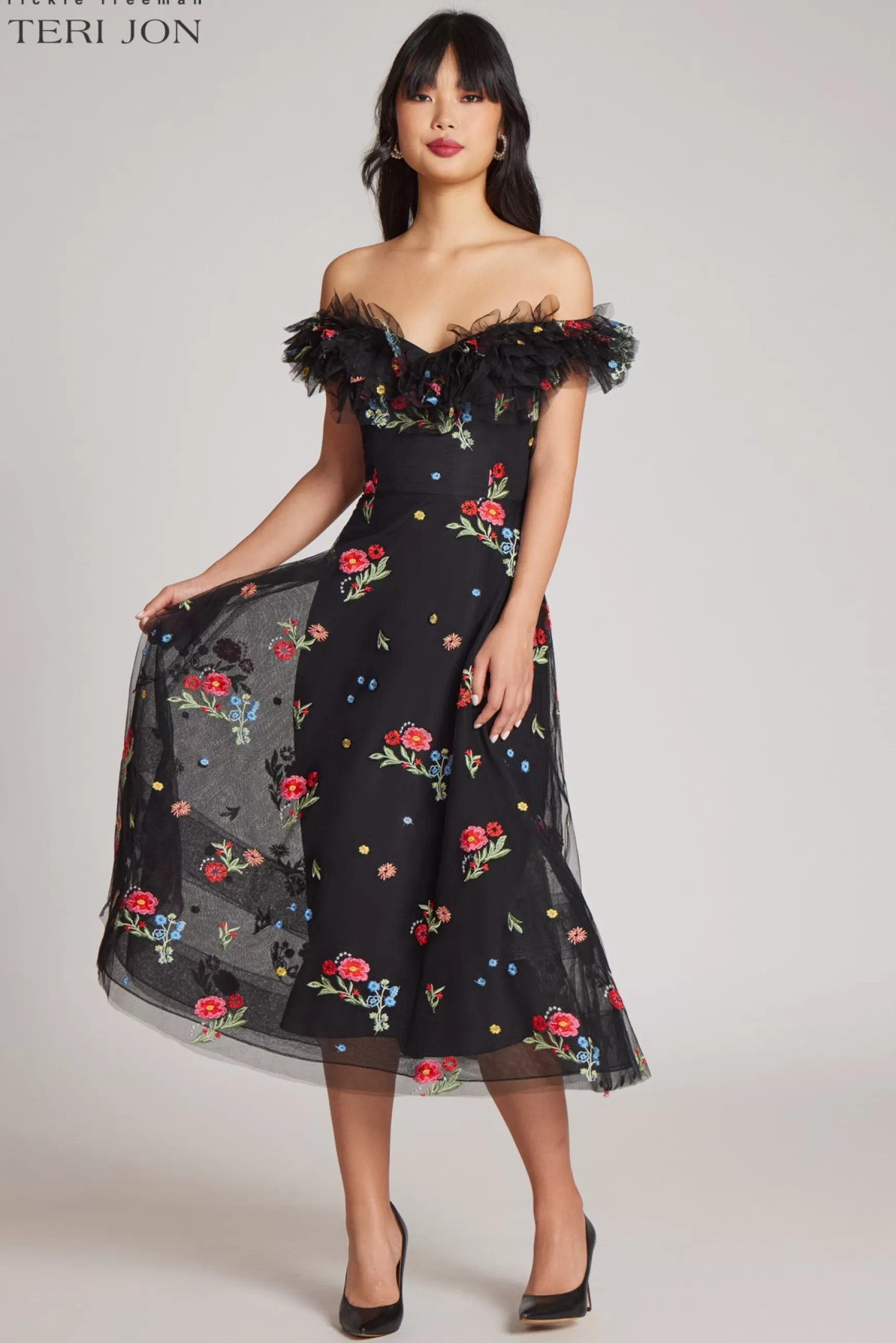 Guest of Wedding | Cocktail & Party Dresses*Teri Jon Floral Tulle Ruffle Dress Black Multi