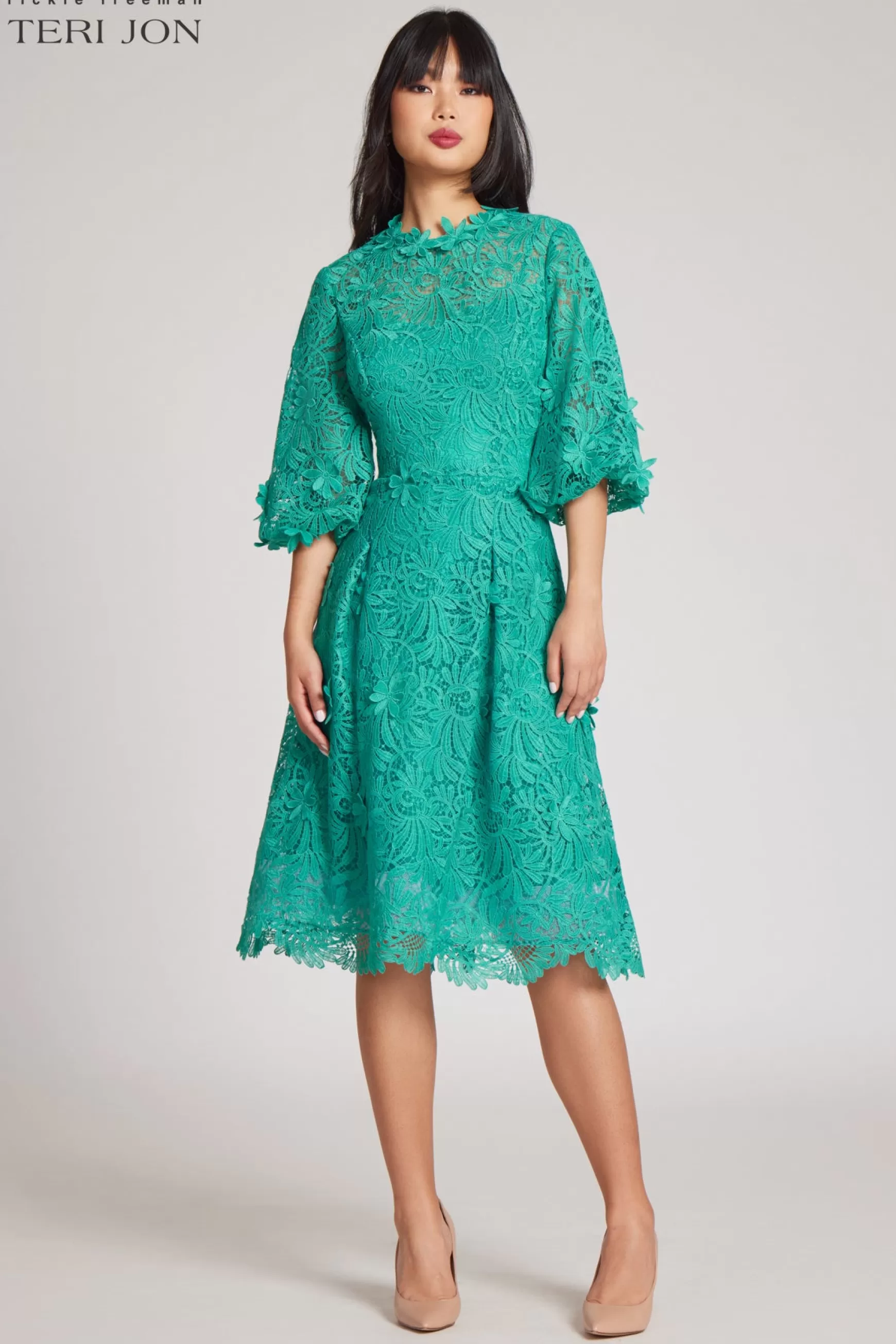 Guest of Wedding | Cocktail & Party Dresses*Teri Jon Flower Lace Puff Sleeve Dress Turquoise