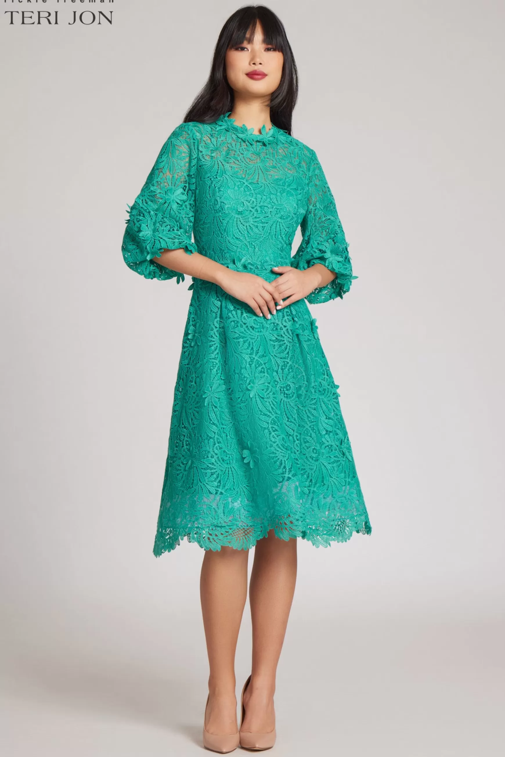 Guest of Wedding | Cocktail & Party Dresses*Teri Jon Flower Lace Puff Sleeve Dress Turquoise