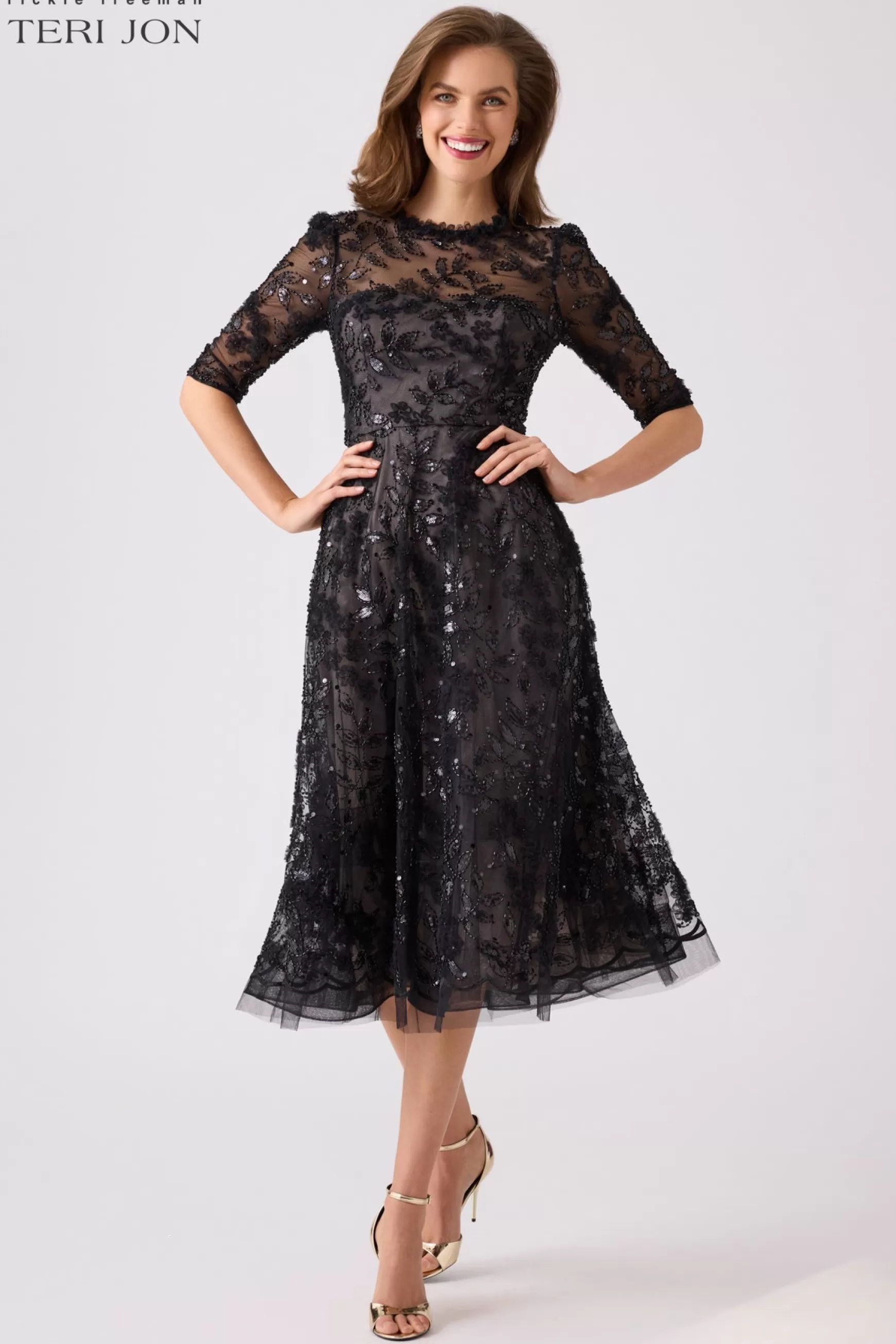 Coming Soon | Cocktail & Party Dresses*Teri Jon Formal Beaded Tulle Midi Dress Black