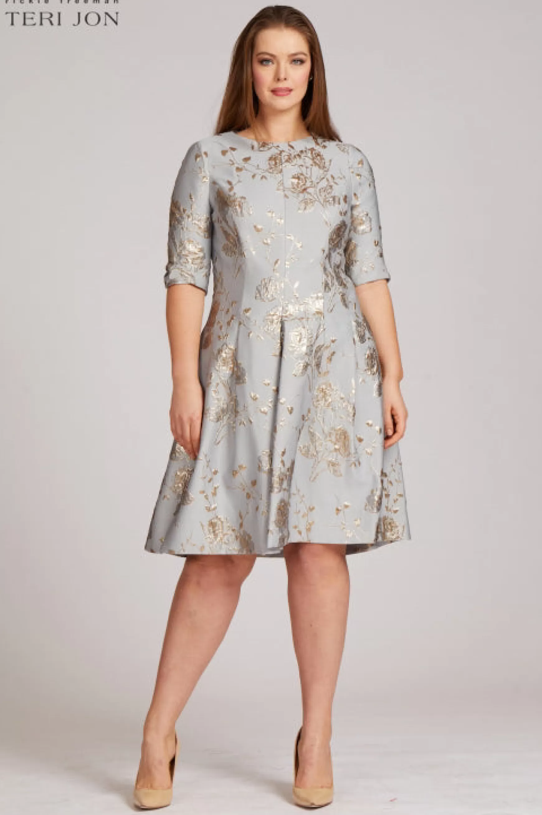 Plus Size Dresses | Shop Best Sellers*Teri Jon Jacquard 3/4 Sleeve Aline Dress mauve-gold | platinum-gold