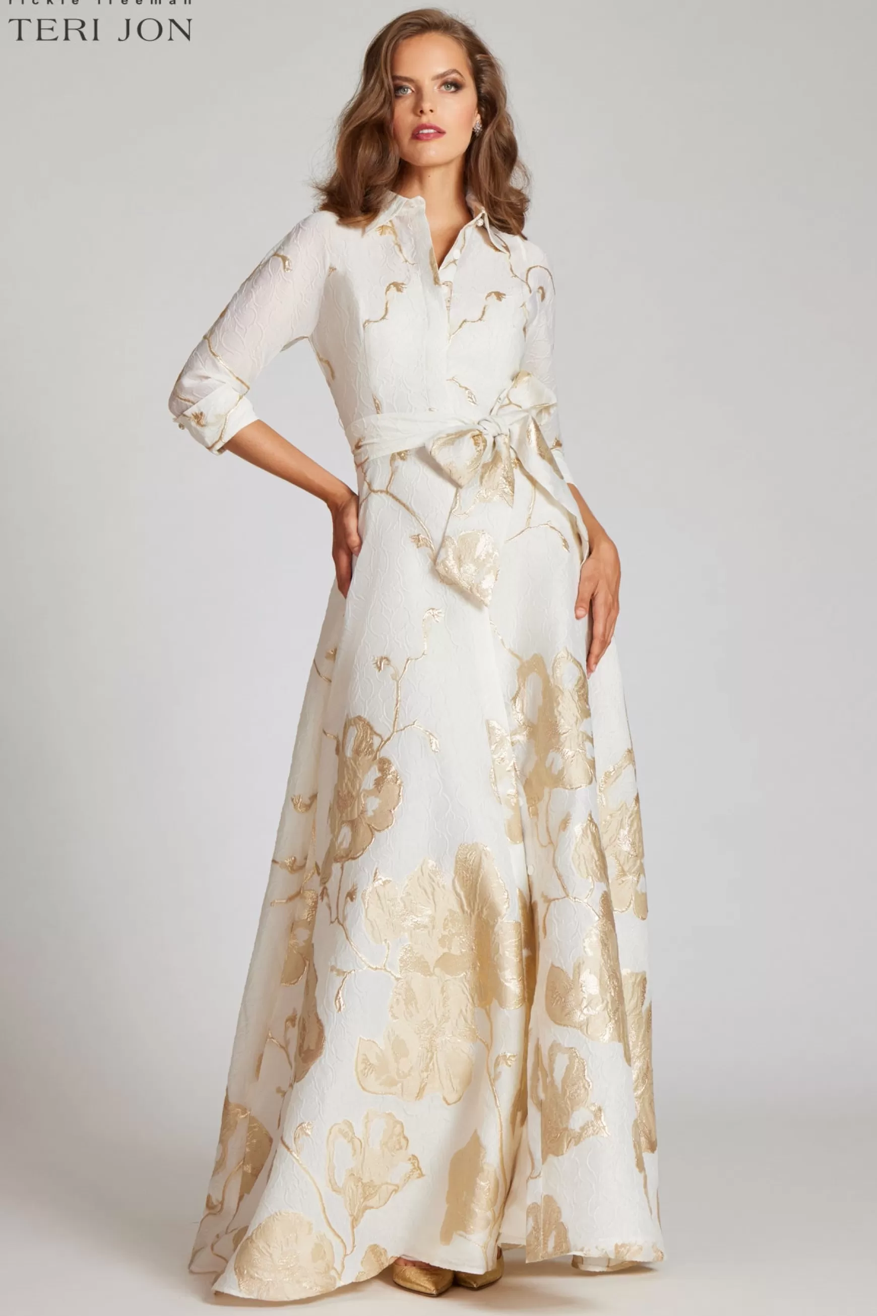 Evening & Formal Gowns | Rehearsal Dinner*Teri Jon Jacquard Border Pattern Shirt Gown ivory-gold | slate-multi