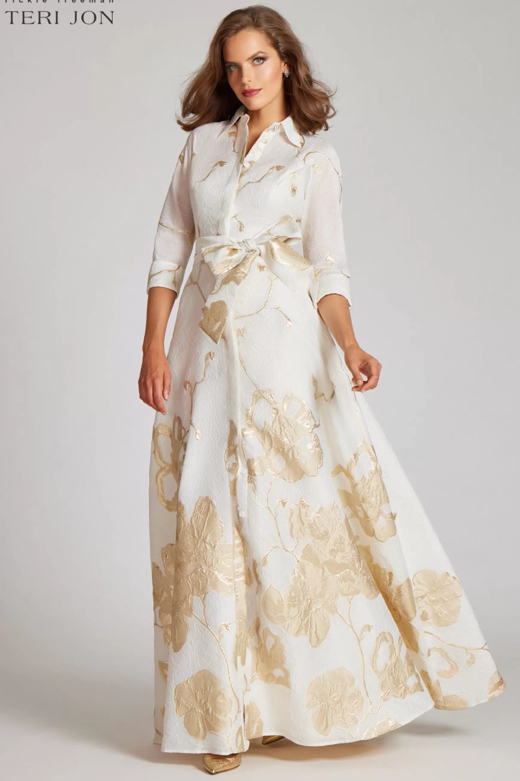 Evening & Formal Gowns | Rehearsal Dinner*Teri Jon Jacquard Border Pattern Shirt Gown ivory-gold | slate-multi