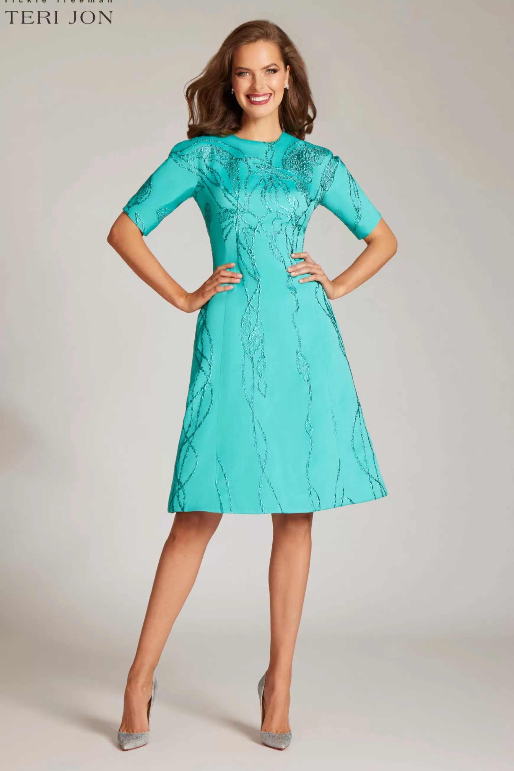 Guest of Wedding | Cocktail & Party Dresses*Teri Jon Jacquard Elbow Sleeve Fit And Flare Dress Turquoise