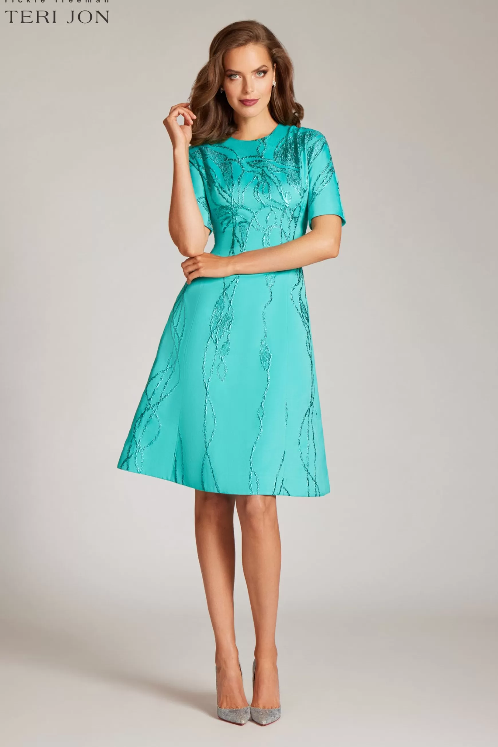 Guest of Wedding | Cocktail & Party Dresses*Teri Jon Jacquard Elbow Sleeve Fit And Flare Dress Turquoise