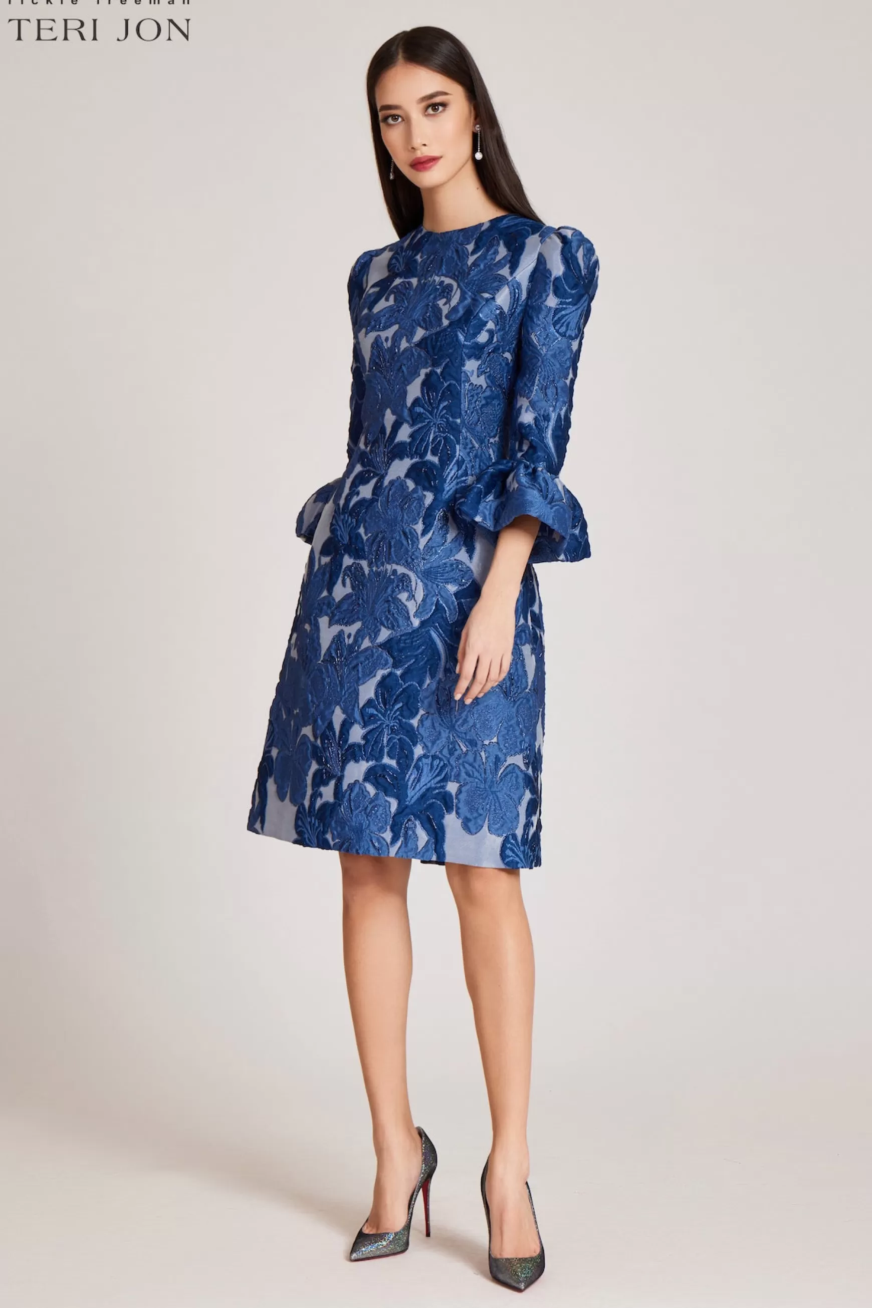 Plus Size Dresses | Guest of Wedding*Teri Jon Jacquard Floral 3/4 Sleeve Flounce Cuff Dress Blue Multi