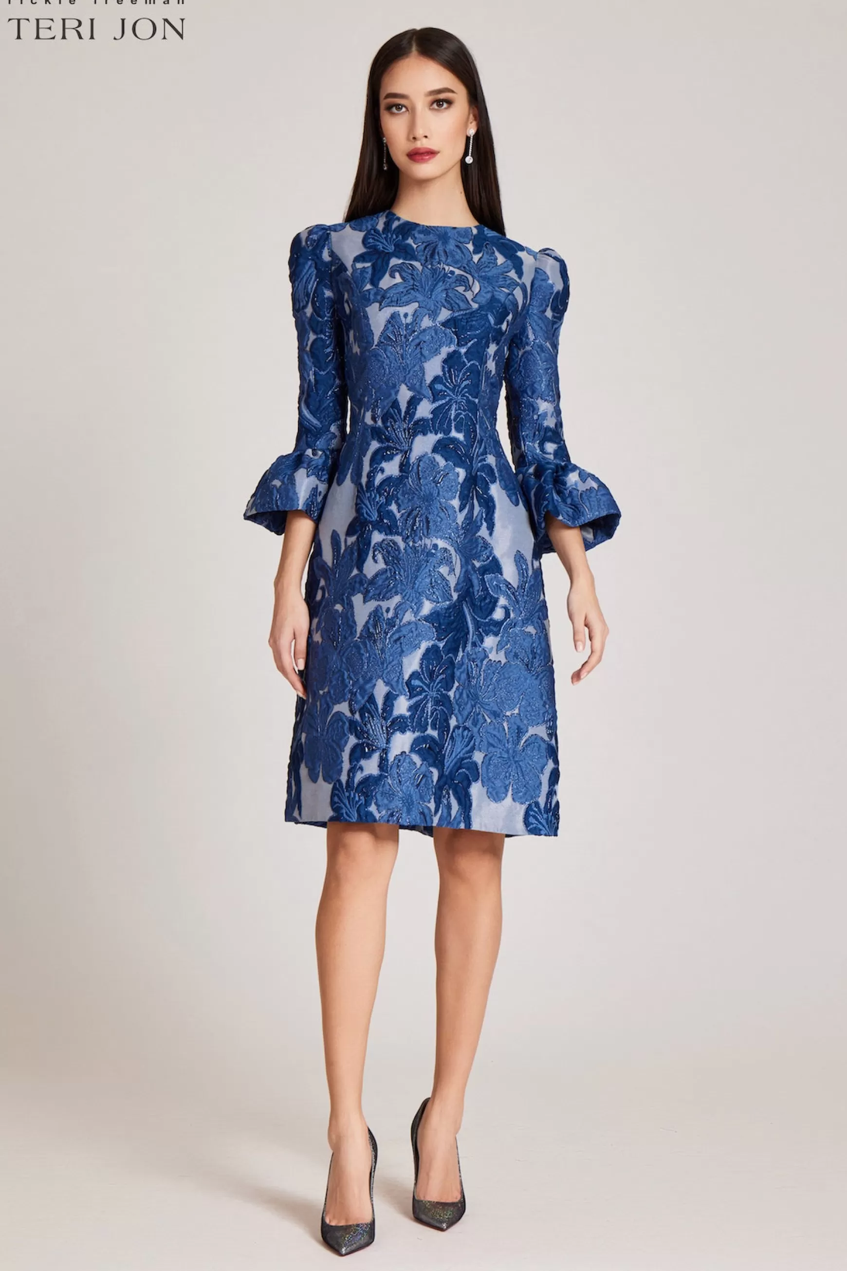 Plus Size Dresses | Guest of Wedding*Teri Jon Jacquard Floral 3/4 Sleeve Flounce Cuff Dress Blue Multi