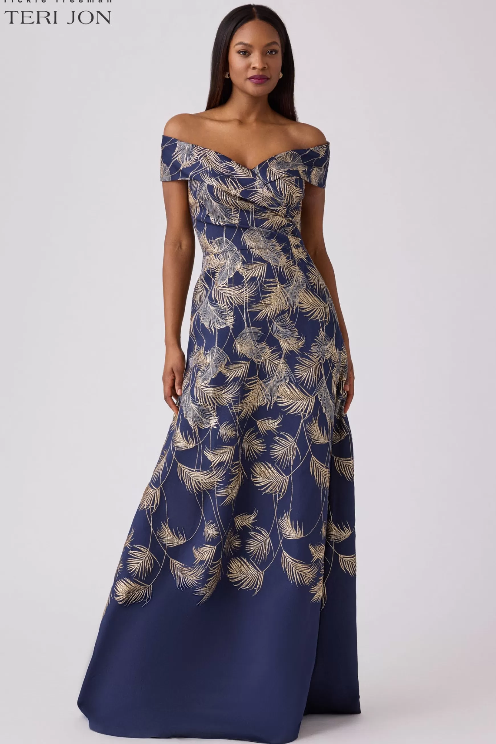 Coming Soon | Evening & Formal Gowns*Teri Jon Jacquard Leaf Pattern Gown Navy/Gold