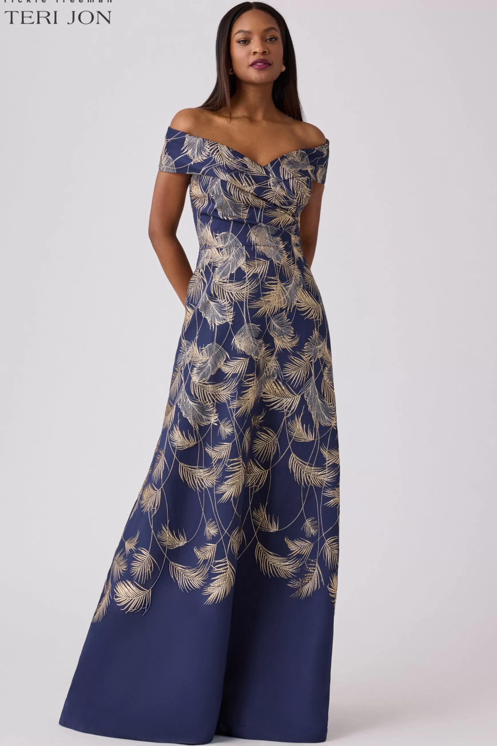 Coming Soon | Evening & Formal Gowns*Teri Jon Jacquard Leaf Pattern Gown Navy/Gold